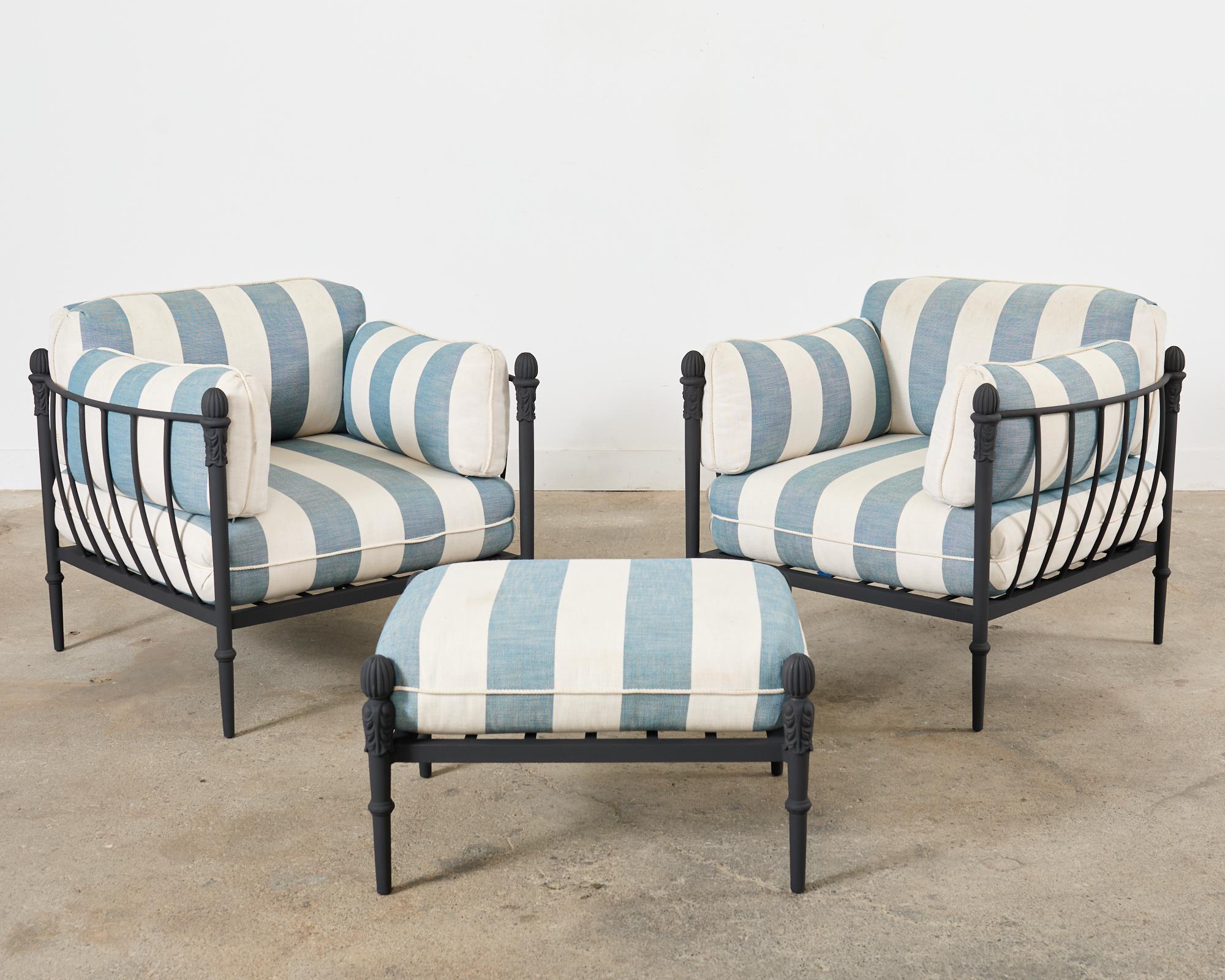 Neoclassical Pair of Michael Taylor Style Montecito Chairs and Ottoman For Sale