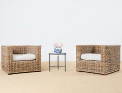Pair of Michael Taylor Style Organic Modern Rattan Cube Chairs