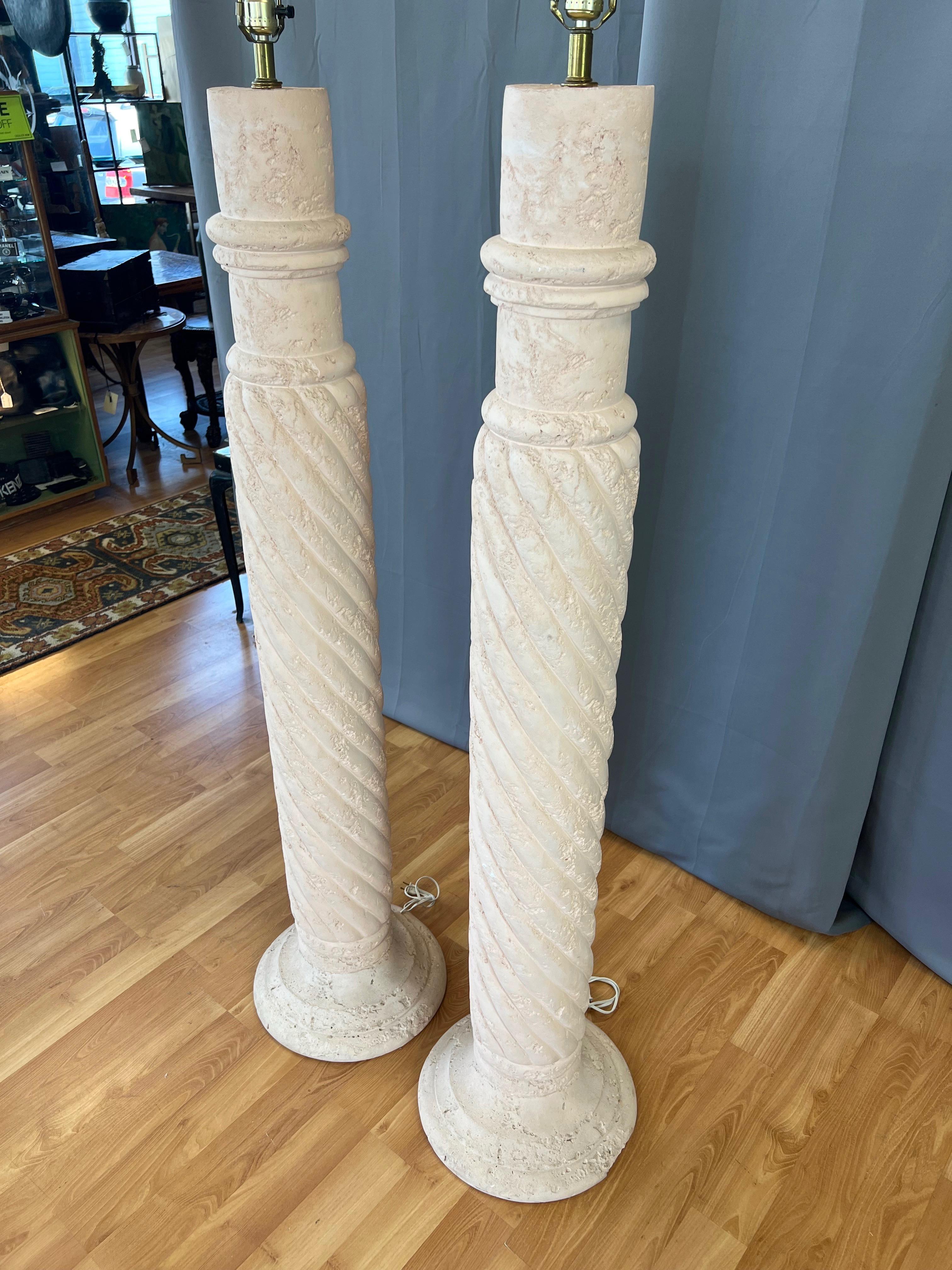 Brass Pair of Michael Taylor-Style Pale Pink Plaster Spiral Column Floor Lamps, 1980s For Sale