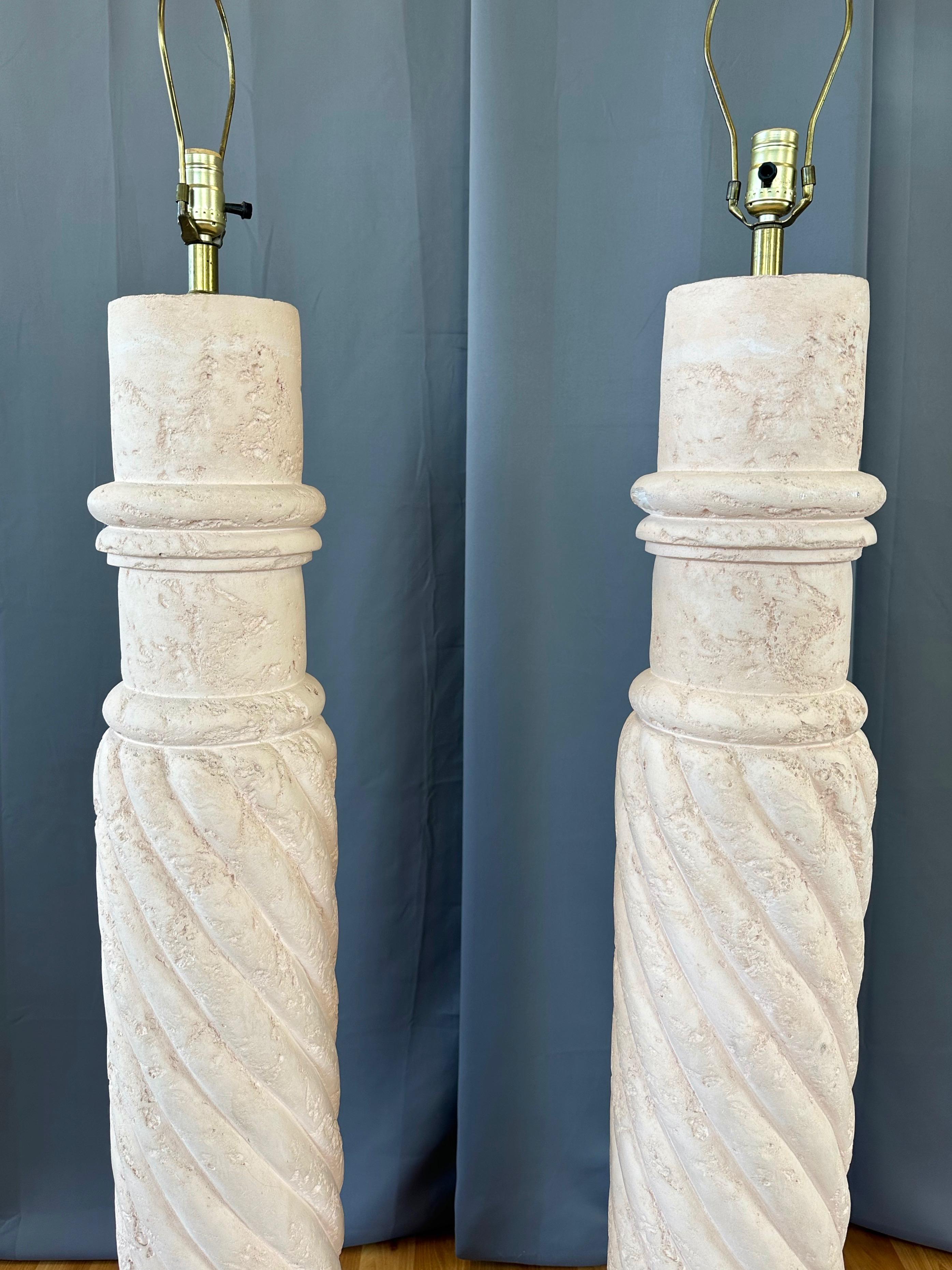 Pair of Michael Taylor-Style Pale Pink Plaster Spiral Column Floor Lamps, 1980s For Sale 1