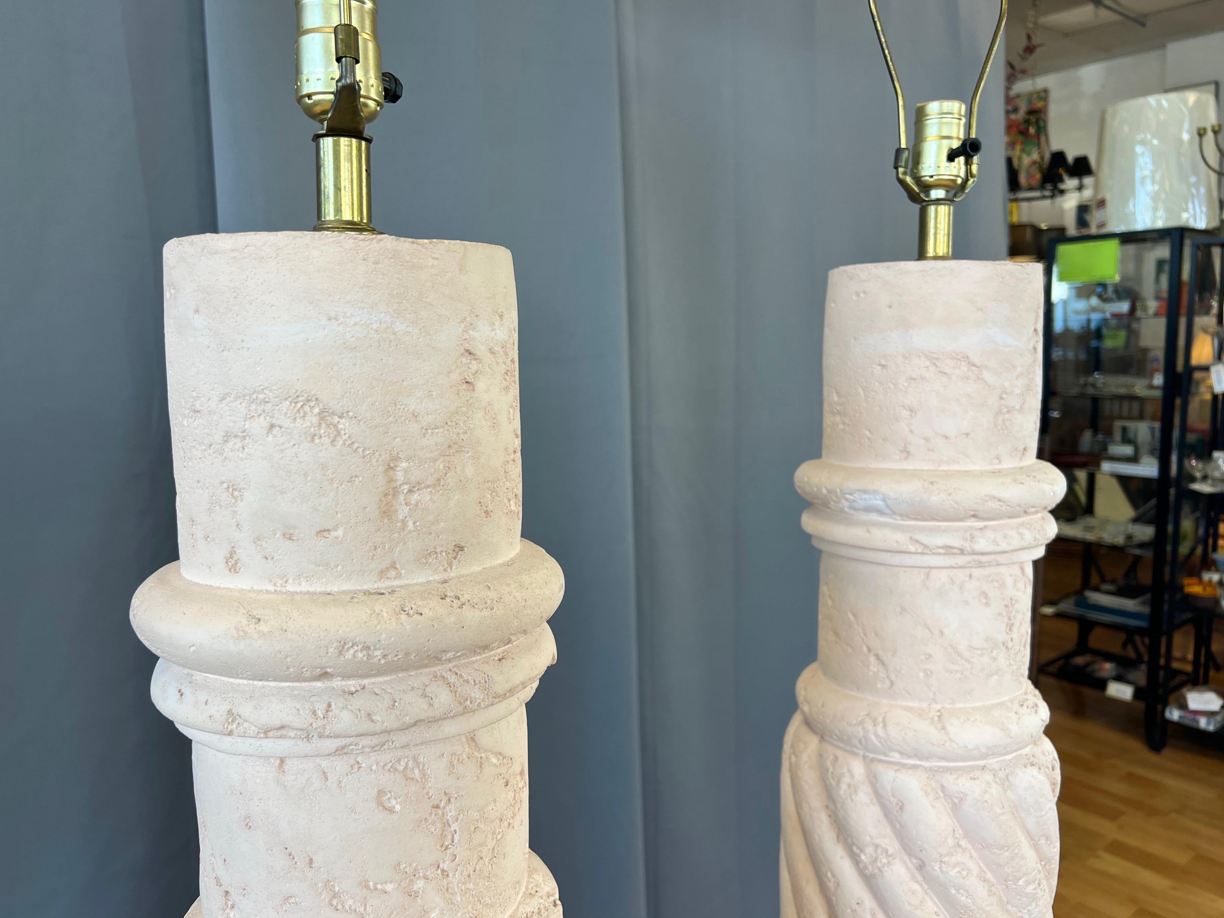 Pair of Michael Taylor-Style Pale Pink Plaster Spiral Column Floor Lamps, 1980s For Sale 5