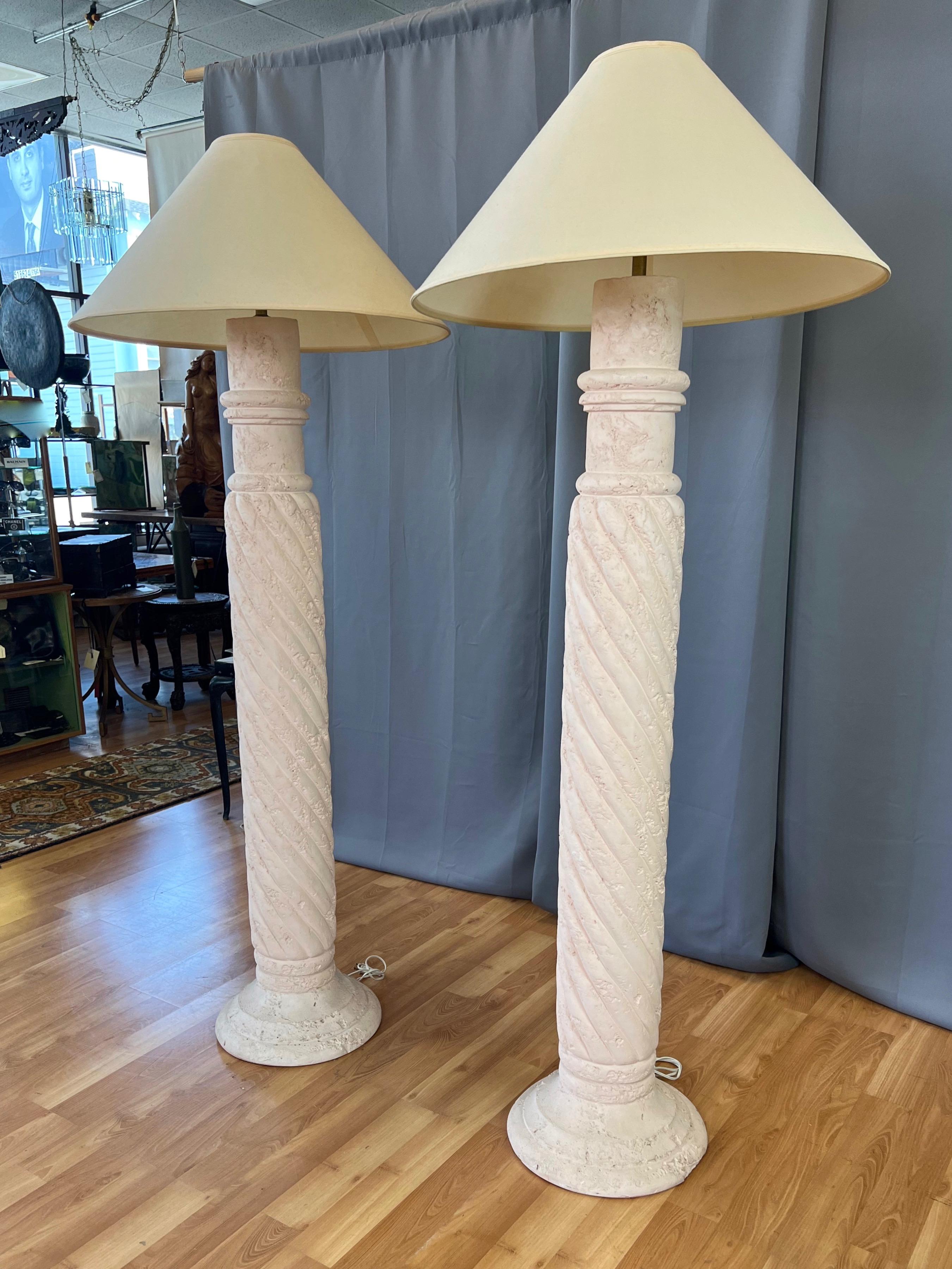 Post-Modern Pair of Michael Taylor-Style Pale Pink Plaster Spiral Column Floor Lamps, 1980s