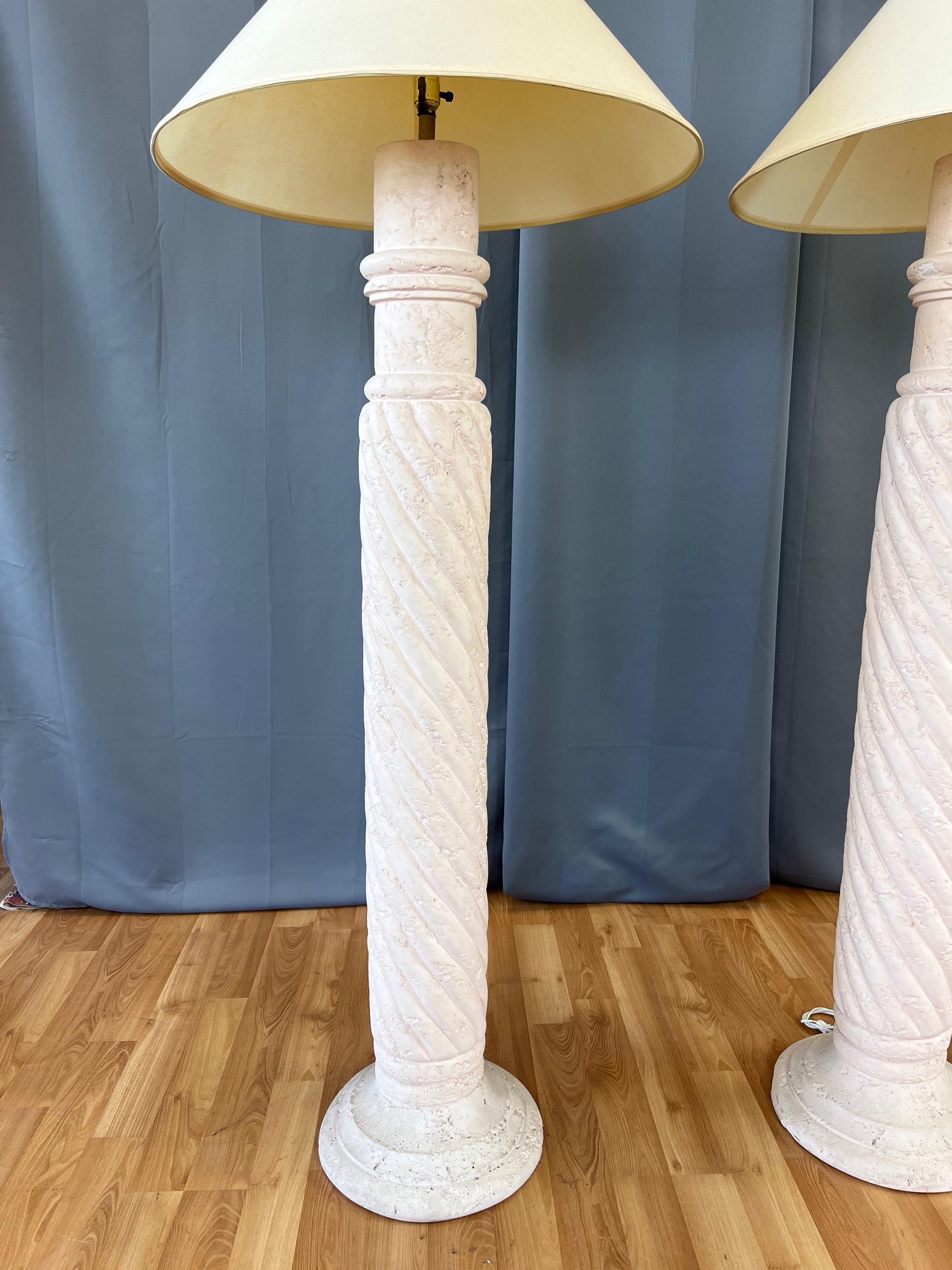 American Pair of Michael Taylor-Style Pale Pink Plaster Spiral Column Floor Lamps, 1980s For Sale