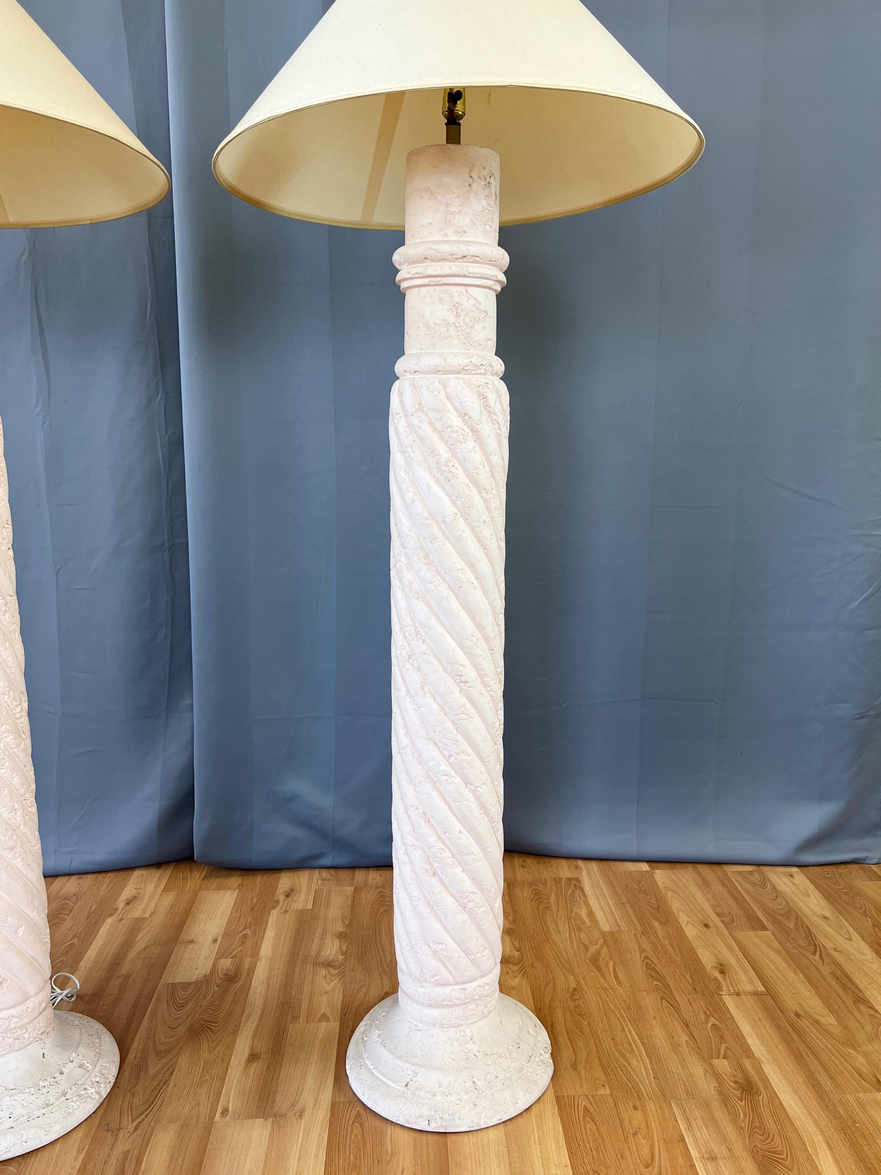 Hand-Crafted Pair of Michael Taylor-Style Pale Pink Plaster Spiral Column Floor Lamps, 1980s For Sale