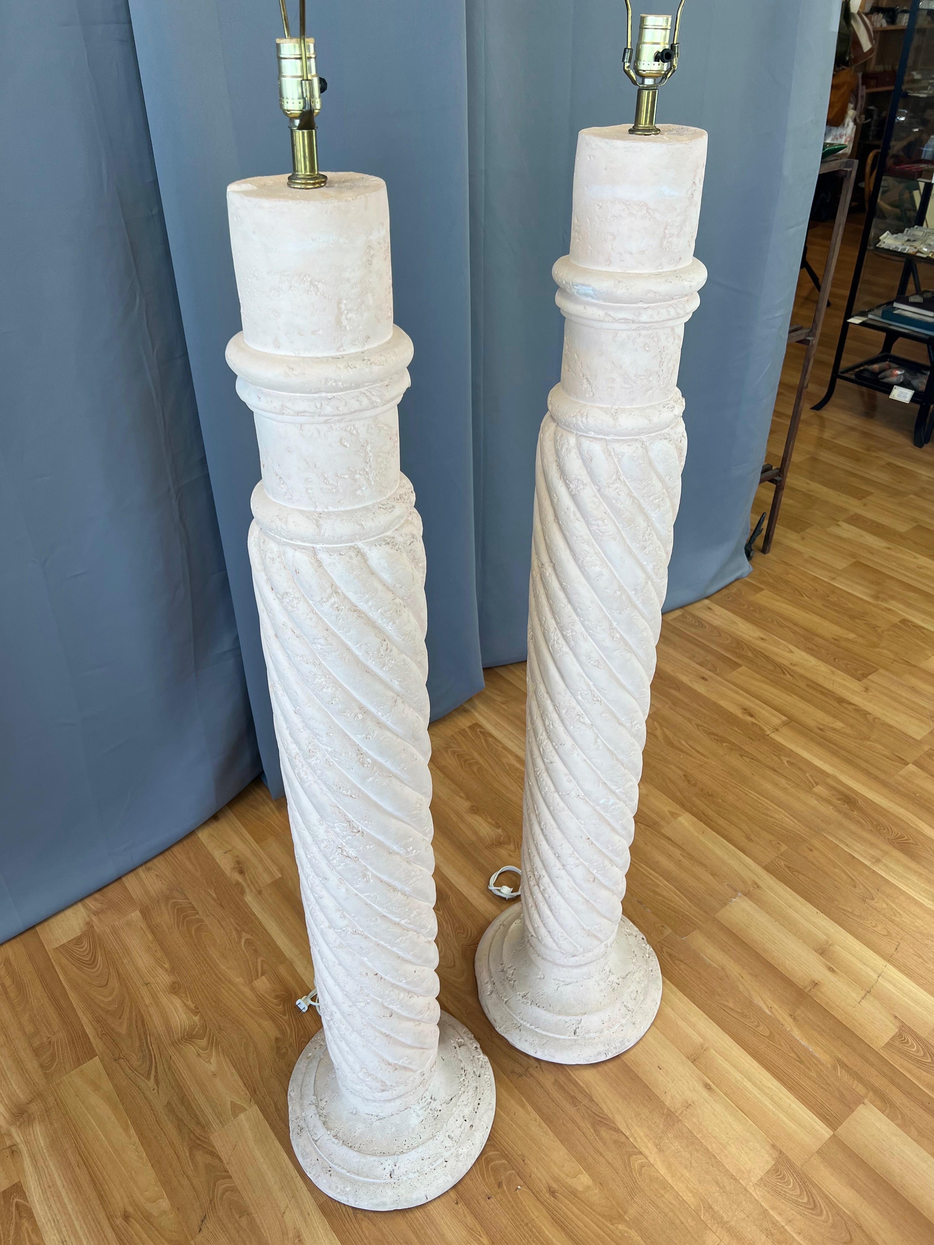 Pair of Michael Taylor-Style Pale Pink Plaster Spiral Column Floor Lamps, 1980s In Good Condition For Sale In San Francisco, CA