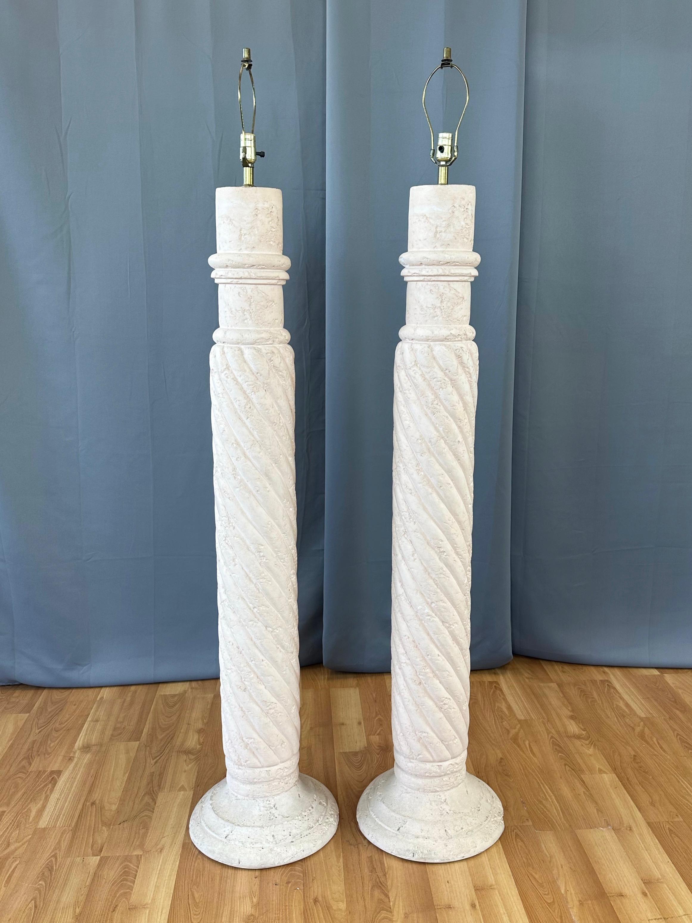 Late 20th Century Pair of Michael Taylor-Style Pale Pink Plaster Spiral Column Floor Lamps, 1980s For Sale
