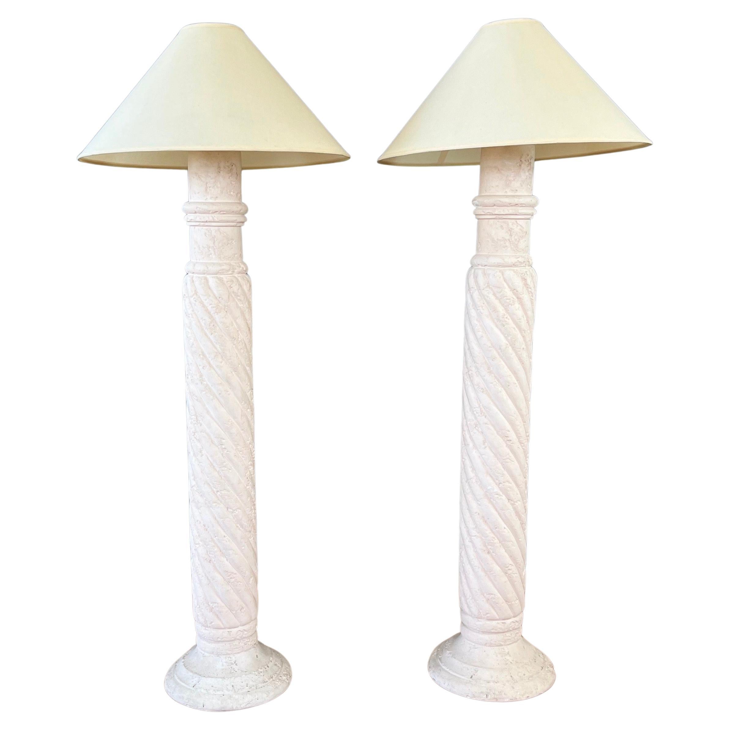 Pair of Michael Taylor-Style Pale Pink Plaster Spiral Column Floor Lamps, 1980s For Sale