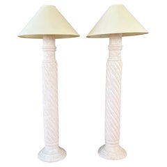 Vintage Pair of Michael Taylor-Style Pale Pink Plaster Spiral Column Floor Lamps, 1980s