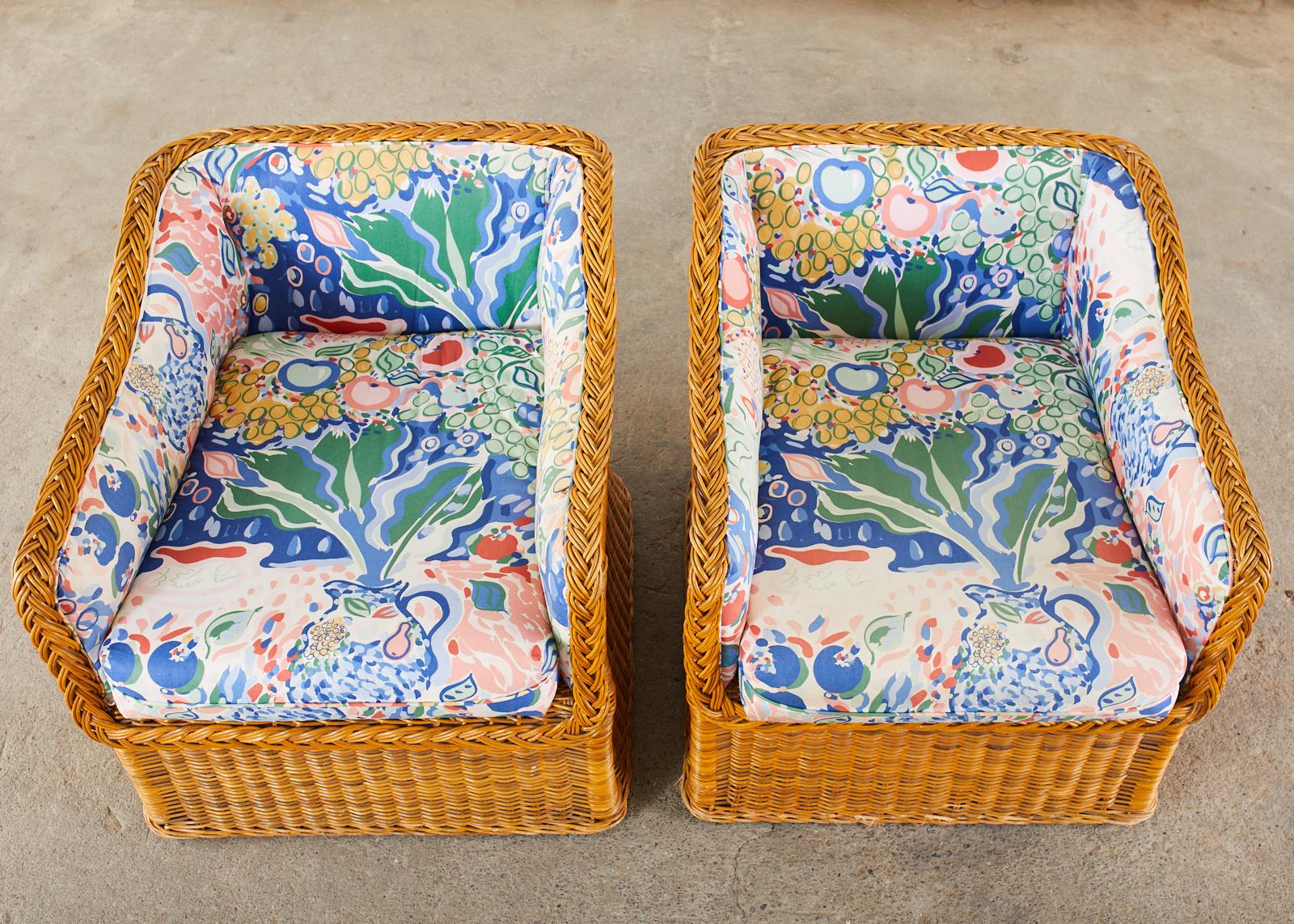 Pair of Michael Taylor Style Wicker Rattan Cube Lounge Chairs 5
