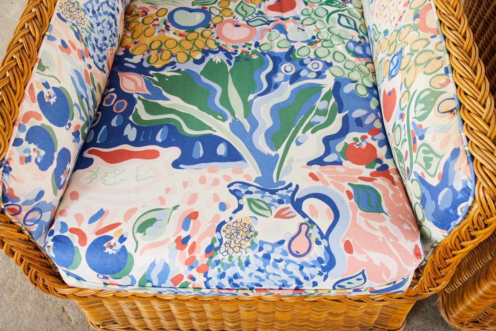 Pair of Michael Taylor Style Wicker Rattan Cube Lounge Chairs 8