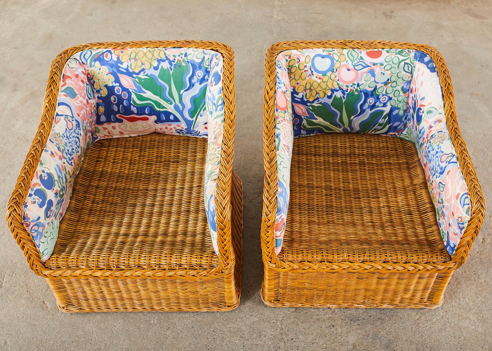 Pair of Michael Taylor Style Wicker Rattan Cube Lounge Chairs 10