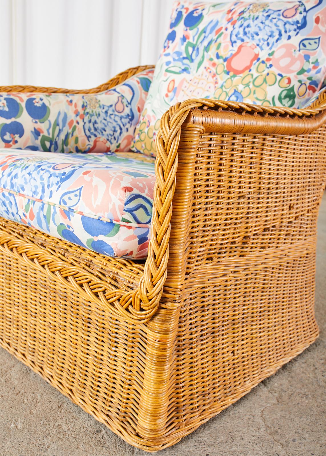 Pair of Michael Taylor Style Wicker Rattan Cube Lounge Chairs 12