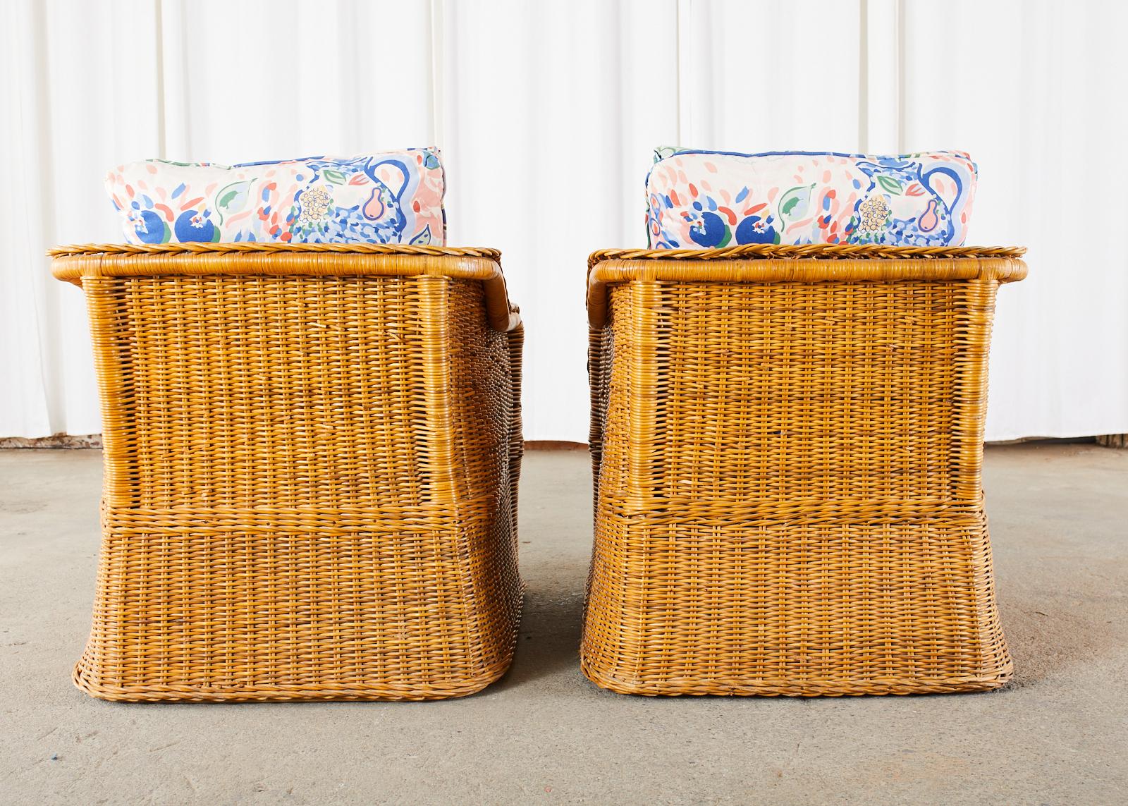 Pair of Michael Taylor Style Wicker Rattan Cube Lounge Chairs 13