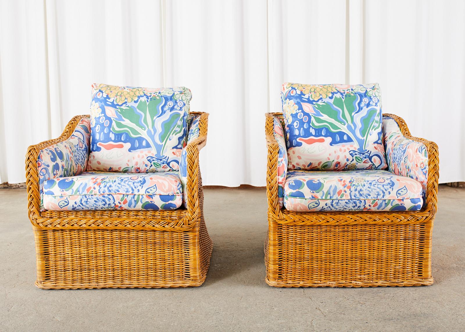 Organic Modern Pair of Michael Taylor Style Wicker Rattan Cube Lounge Chairs