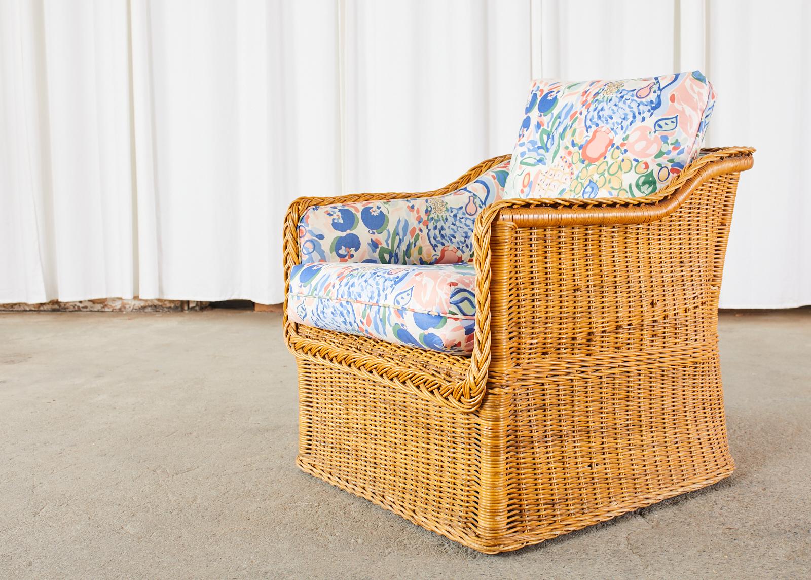 Woven Pair of Michael Taylor Style Wicker Rattan Cube Lounge Chairs
