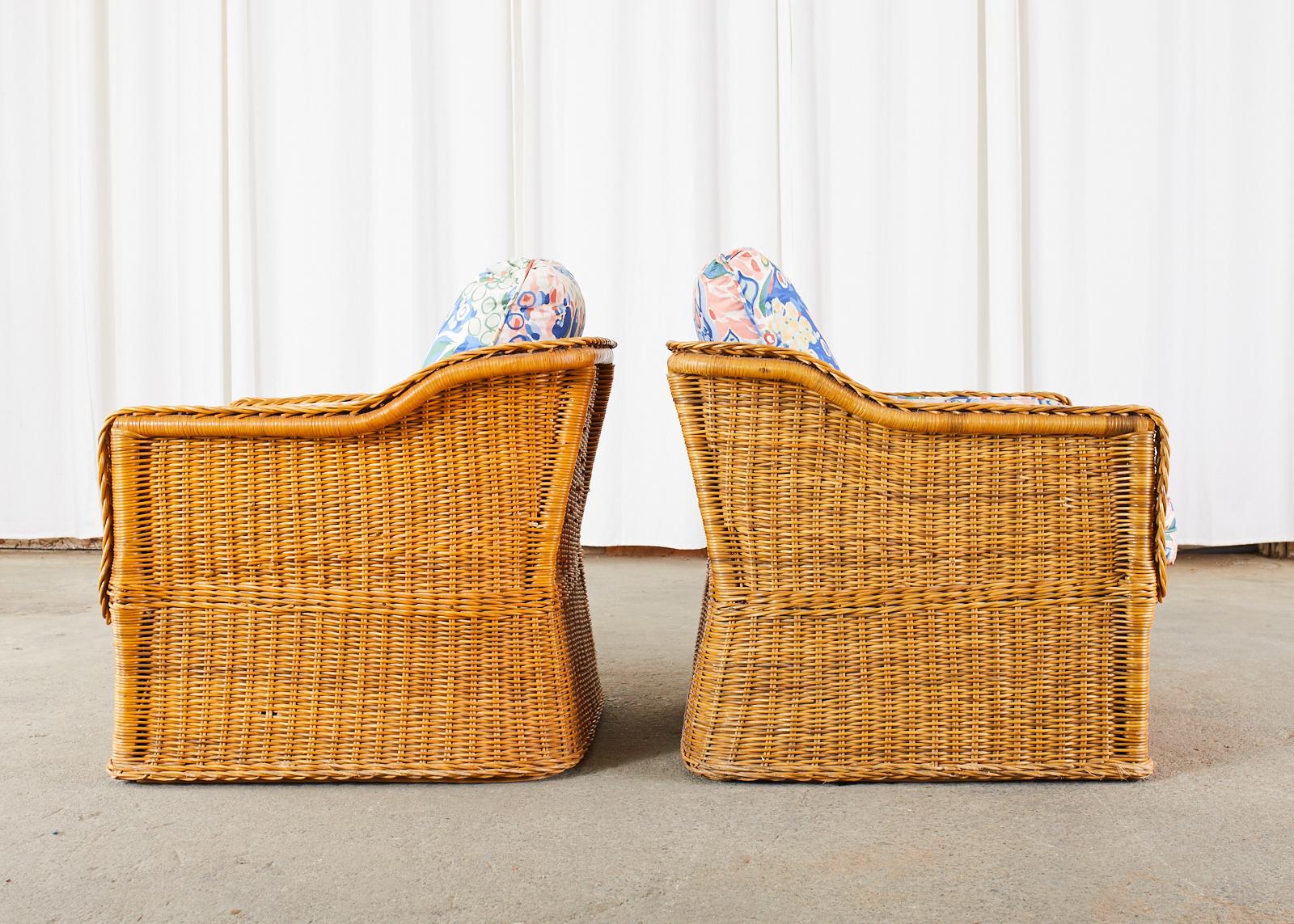 20th Century Pair of Michael Taylor Style Wicker Rattan Cube Lounge Chairs