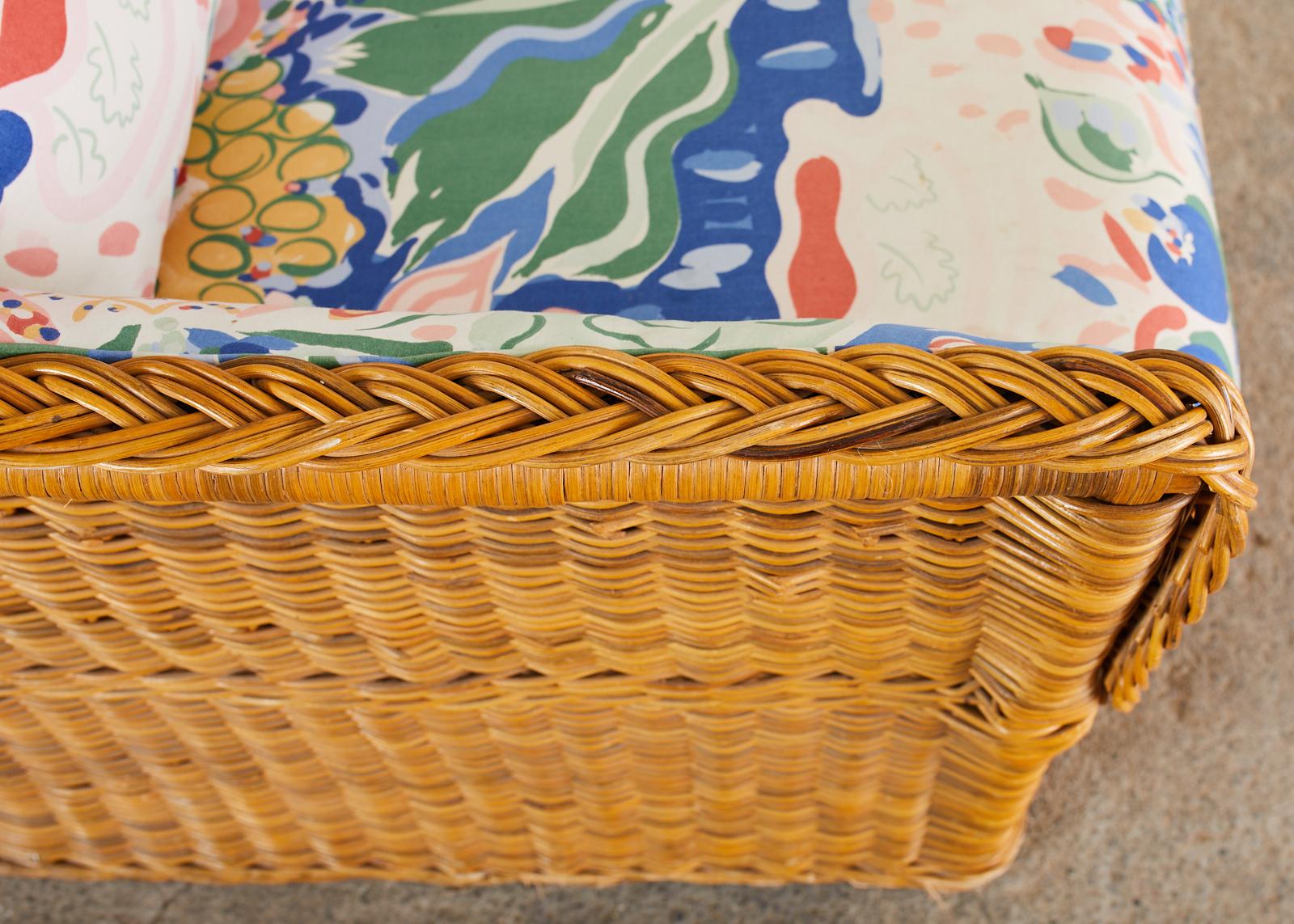 Fabric Pair of Michael Taylor Style Wicker Rattan Cube Lounge Chairs