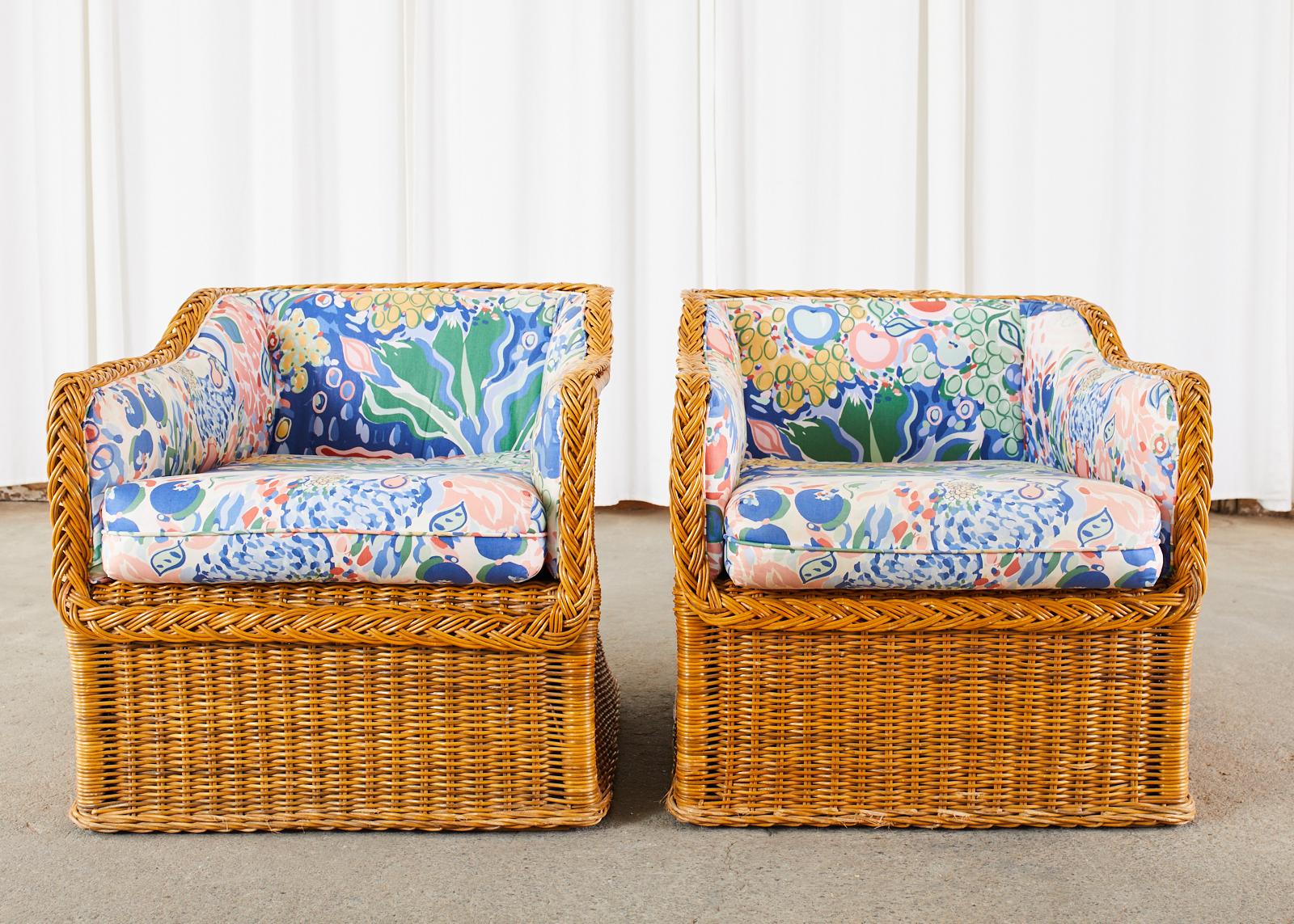 Pair of Michael Taylor Style Wicker Rattan Cube Lounge Chairs 2
