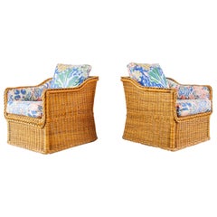 Pair of Michael Taylor Style Wicker Rattan Cube Lounge Chairs