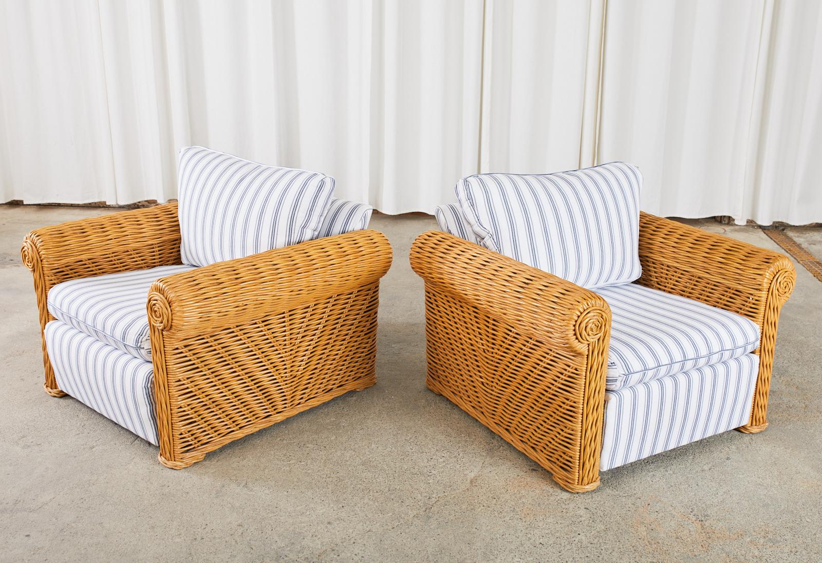 Pair of Michael Taylor Style Woven Rattan Lounge Chairs 2