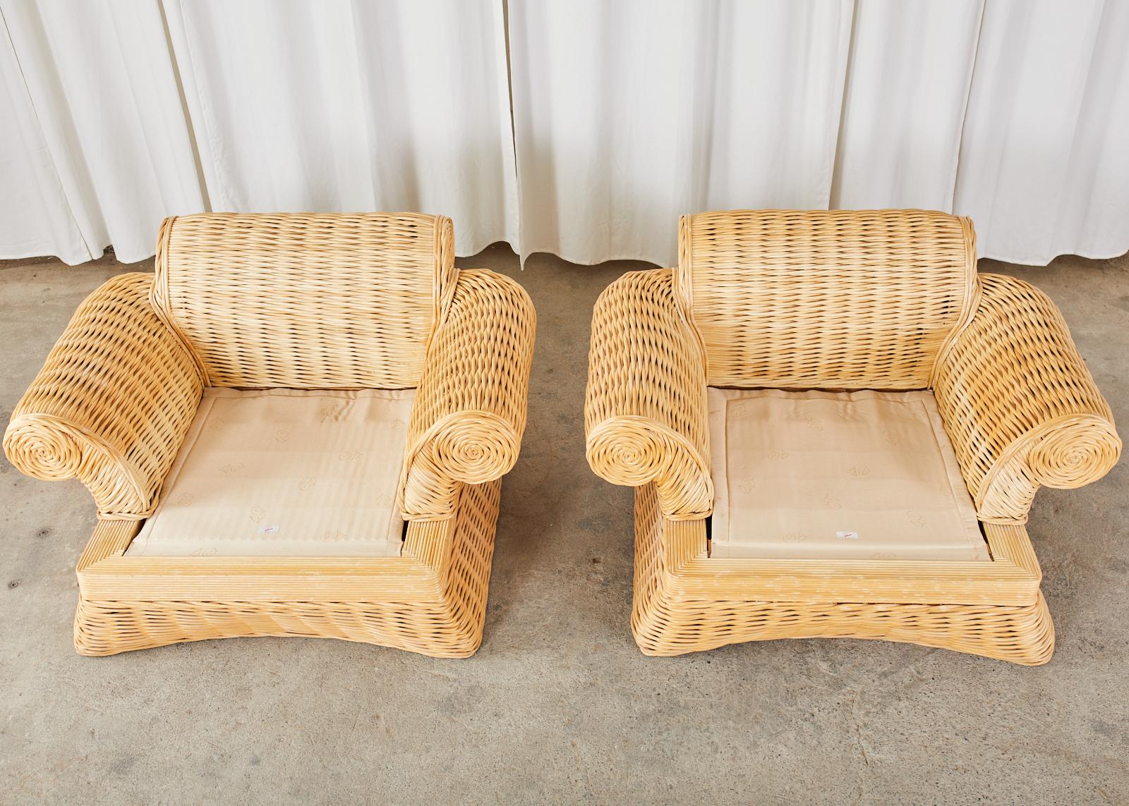 Pair of Michael Taylor Style Woven Rattan Lounge Chairs 10