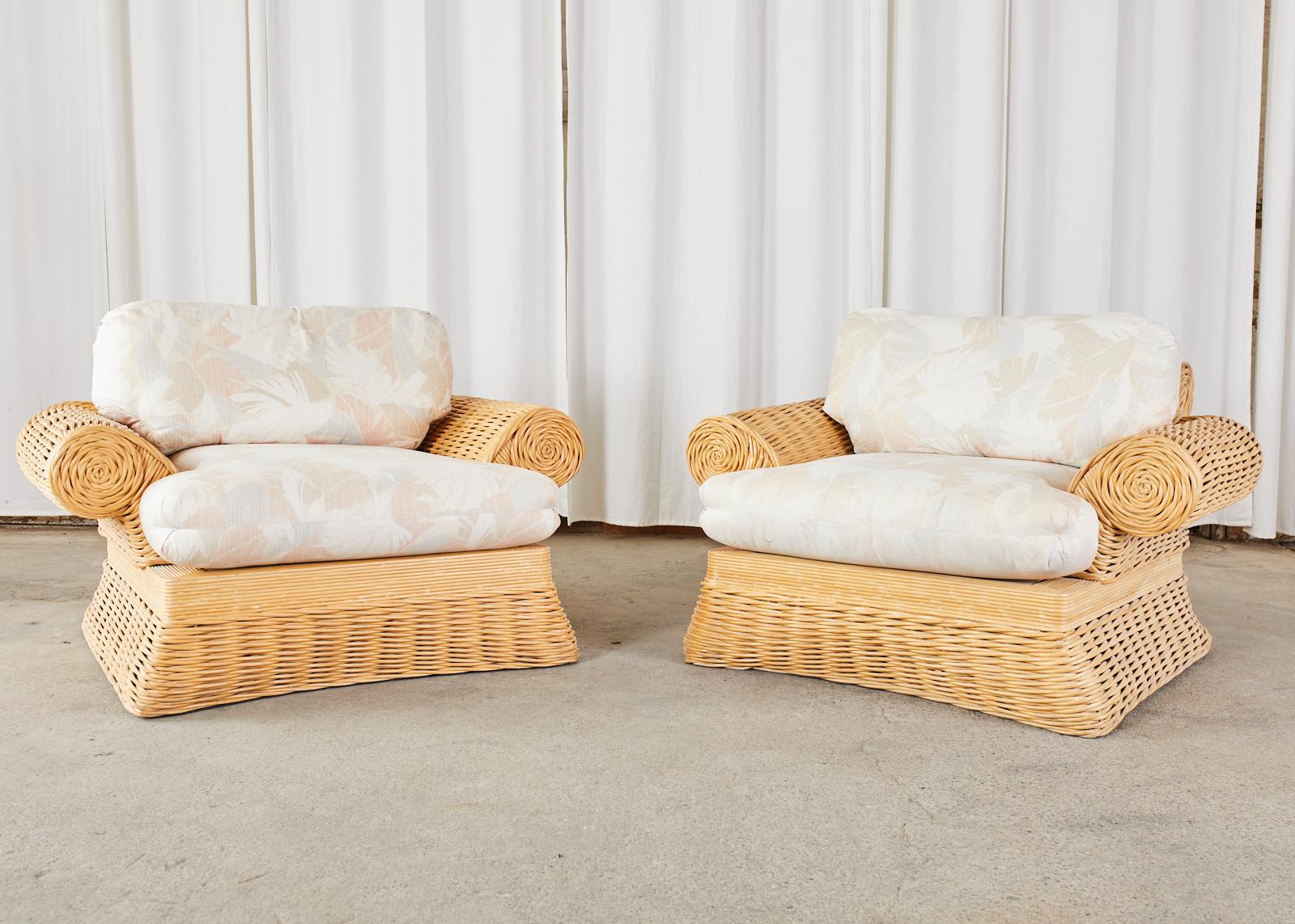 Hollywood Regency Pair of Michael Taylor Style Woven Rattan Lounge Chairs