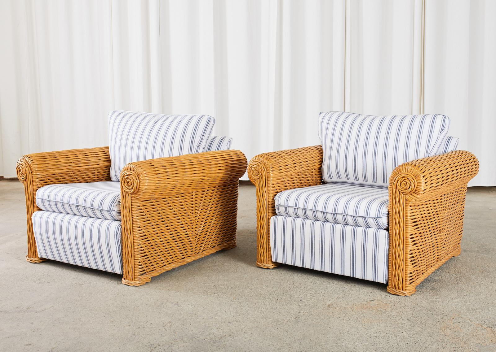 Organic Modern Pair of Michael Taylor Style Woven Rattan Lounge Chairs