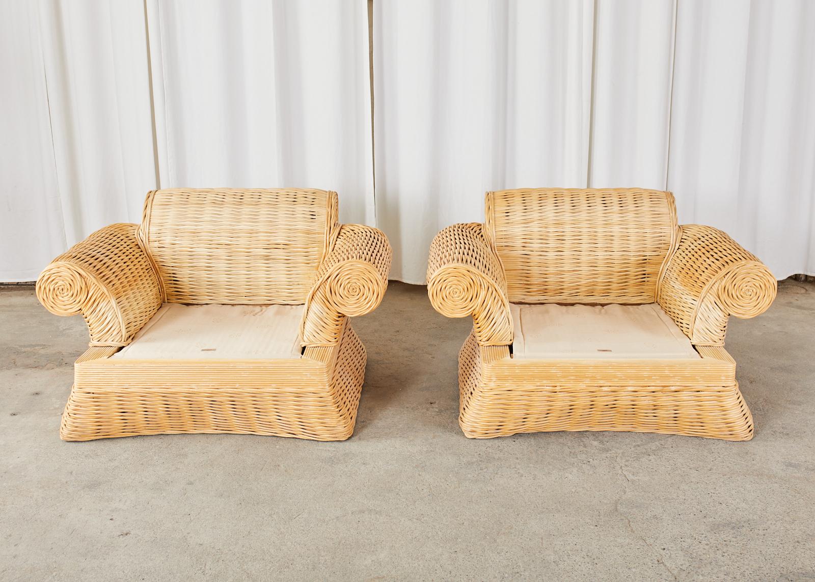 American Pair of Michael Taylor Style Woven Rattan Lounge Chairs