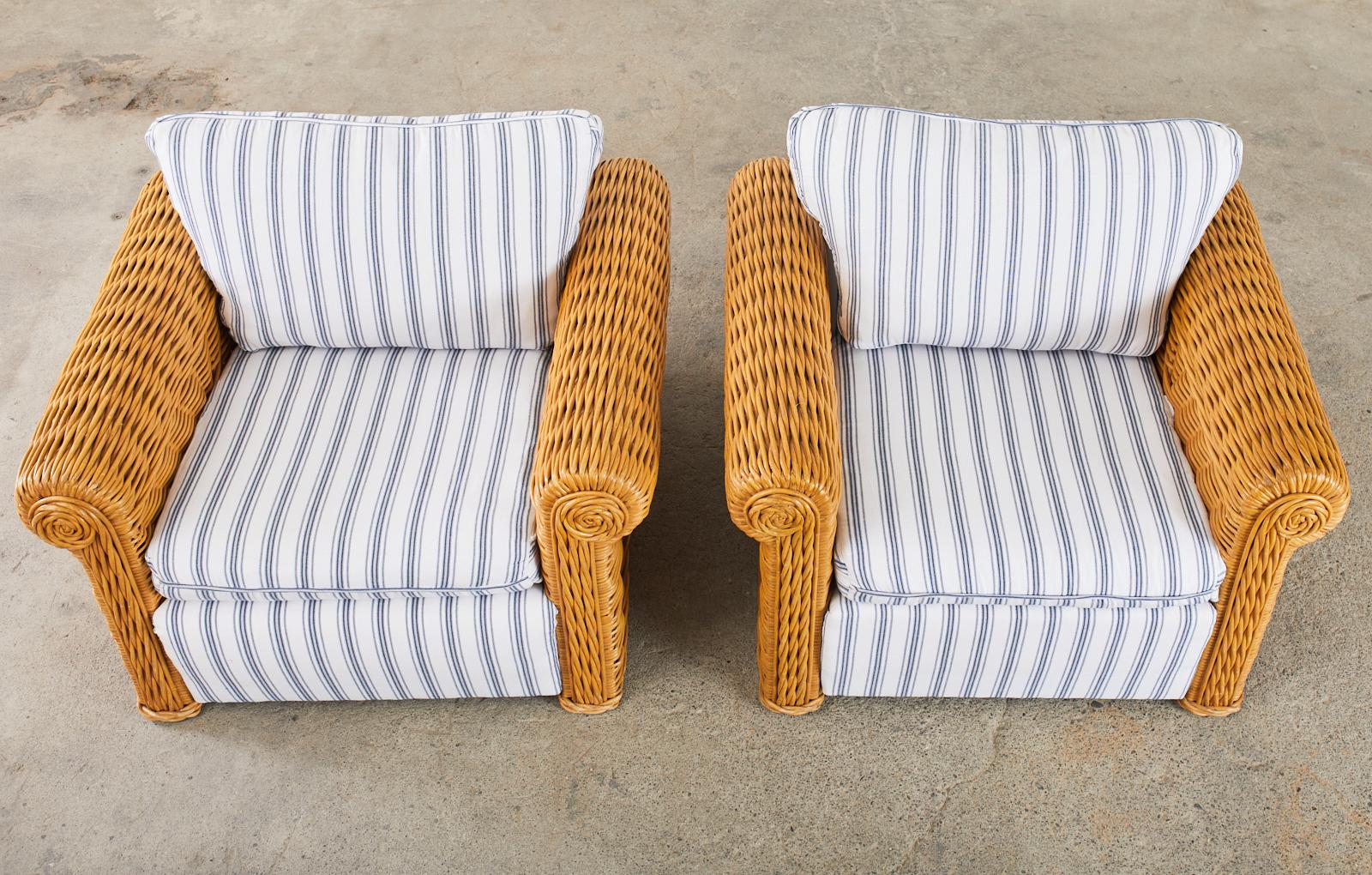 American Pair of Michael Taylor Style Woven Rattan Lounge Chairs
