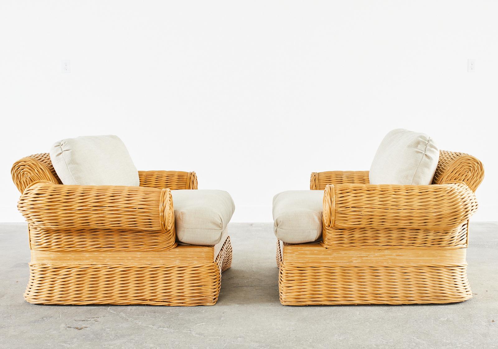 Hand-Crafted Pair of Michael Taylor Style Woven Rattan Lounge Chairs