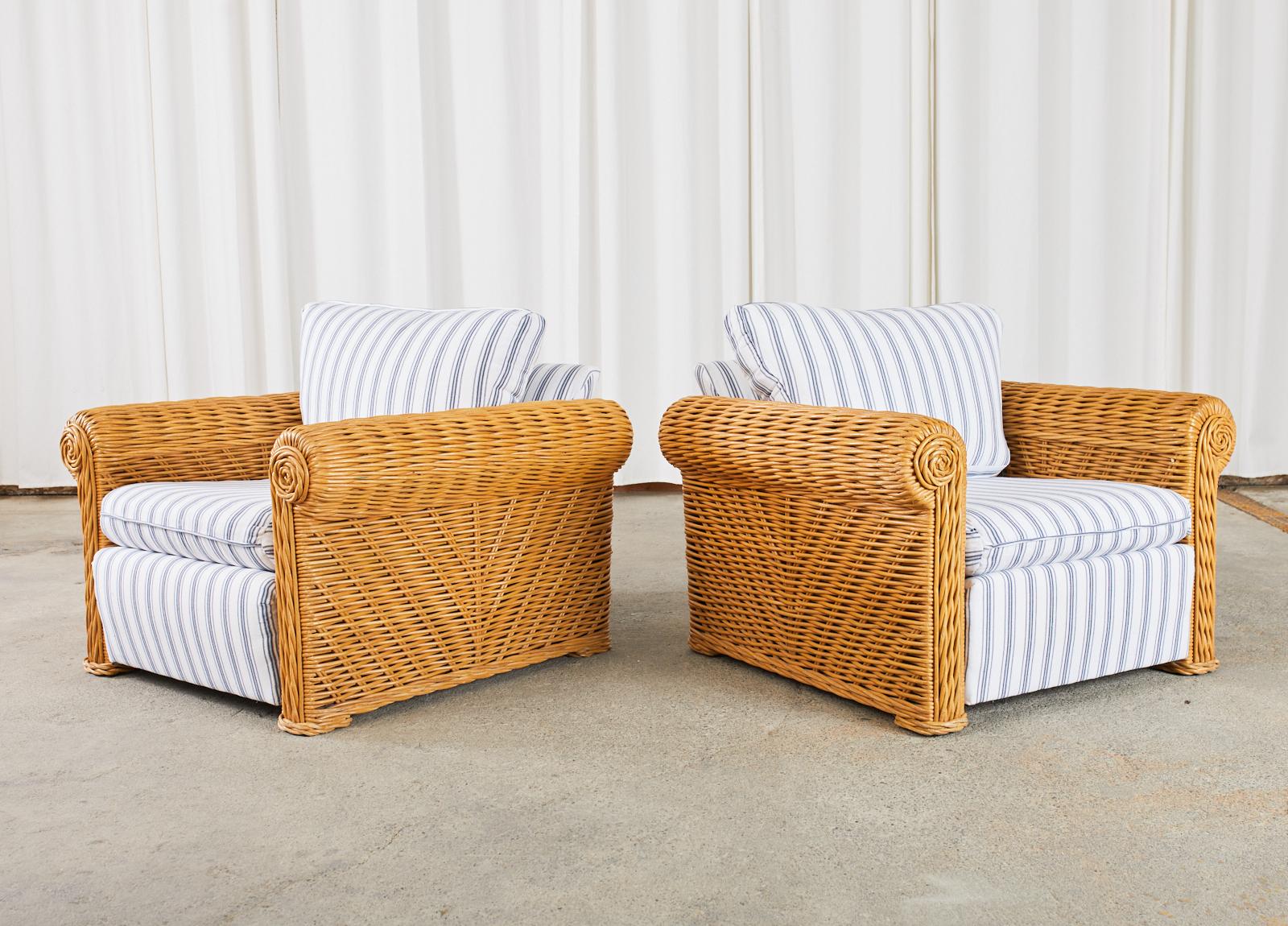 Pair of Michael Taylor Style Woven Rattan Lounge Chairs 1