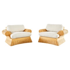 Pair of Michael Taylor Style Woven Rattan Lounge Chairs