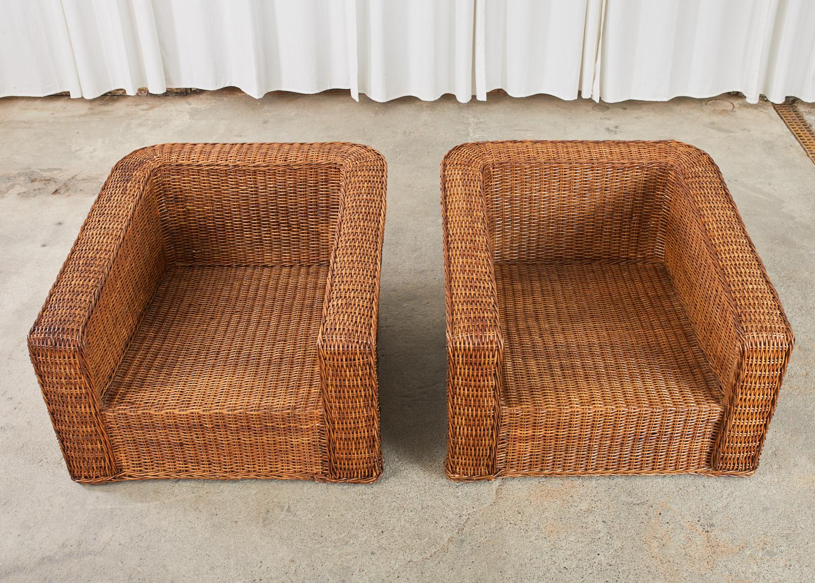 Pair of Michael Taylor Style Woven Rattan Wicker Lounge Chairs For Sale 3