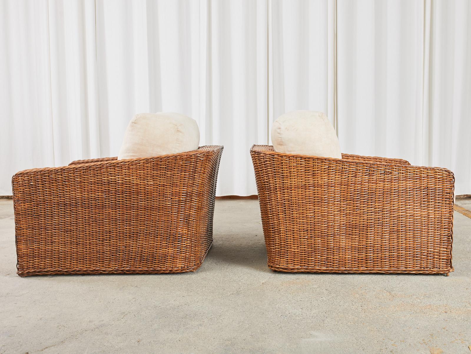 Pair of Michael Taylor Style Woven Rattan Wicker Lounge Chairs 4
