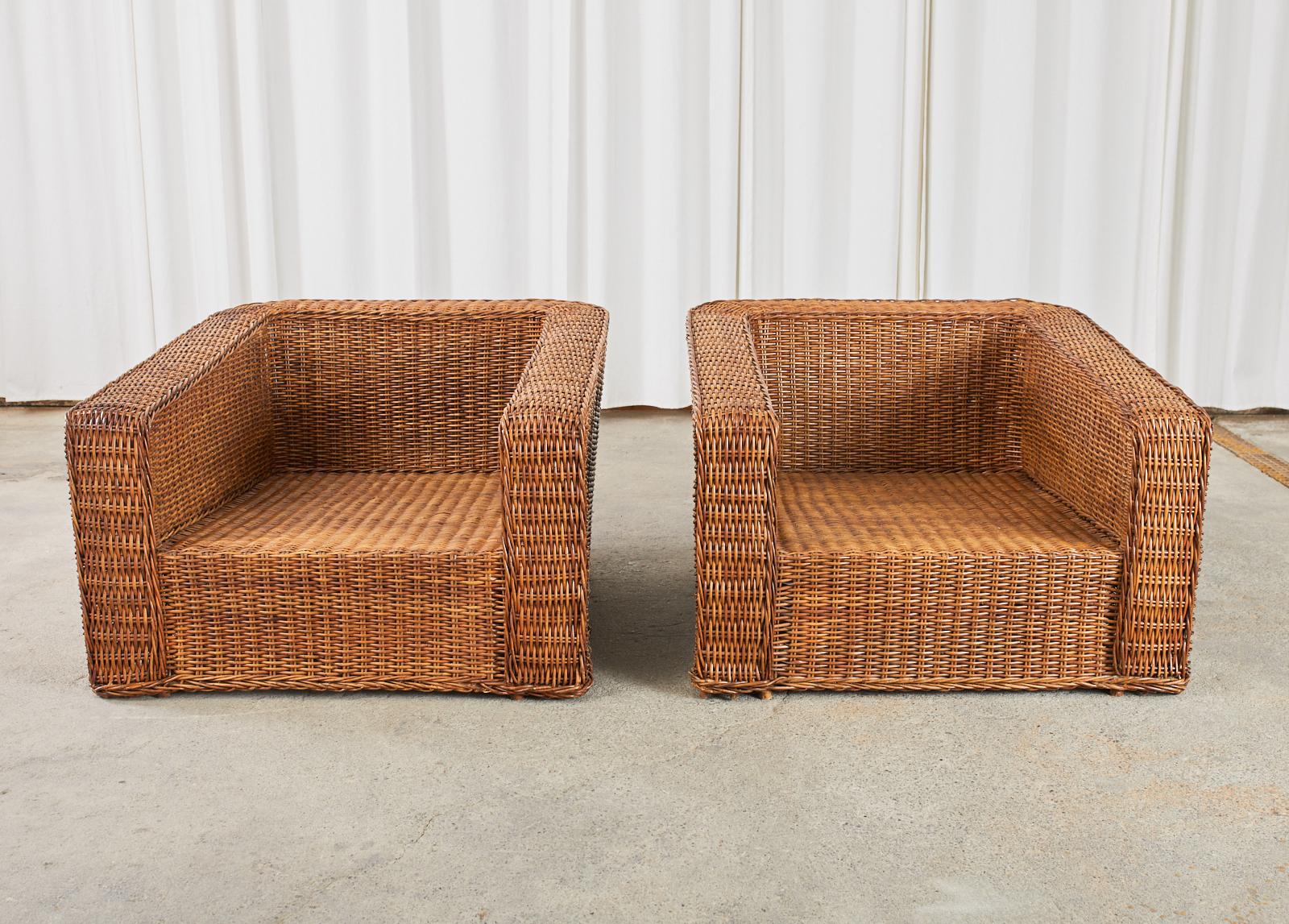 Pair of Michael Taylor Style Woven Rattan Wicker Lounge Chairs For Sale 4