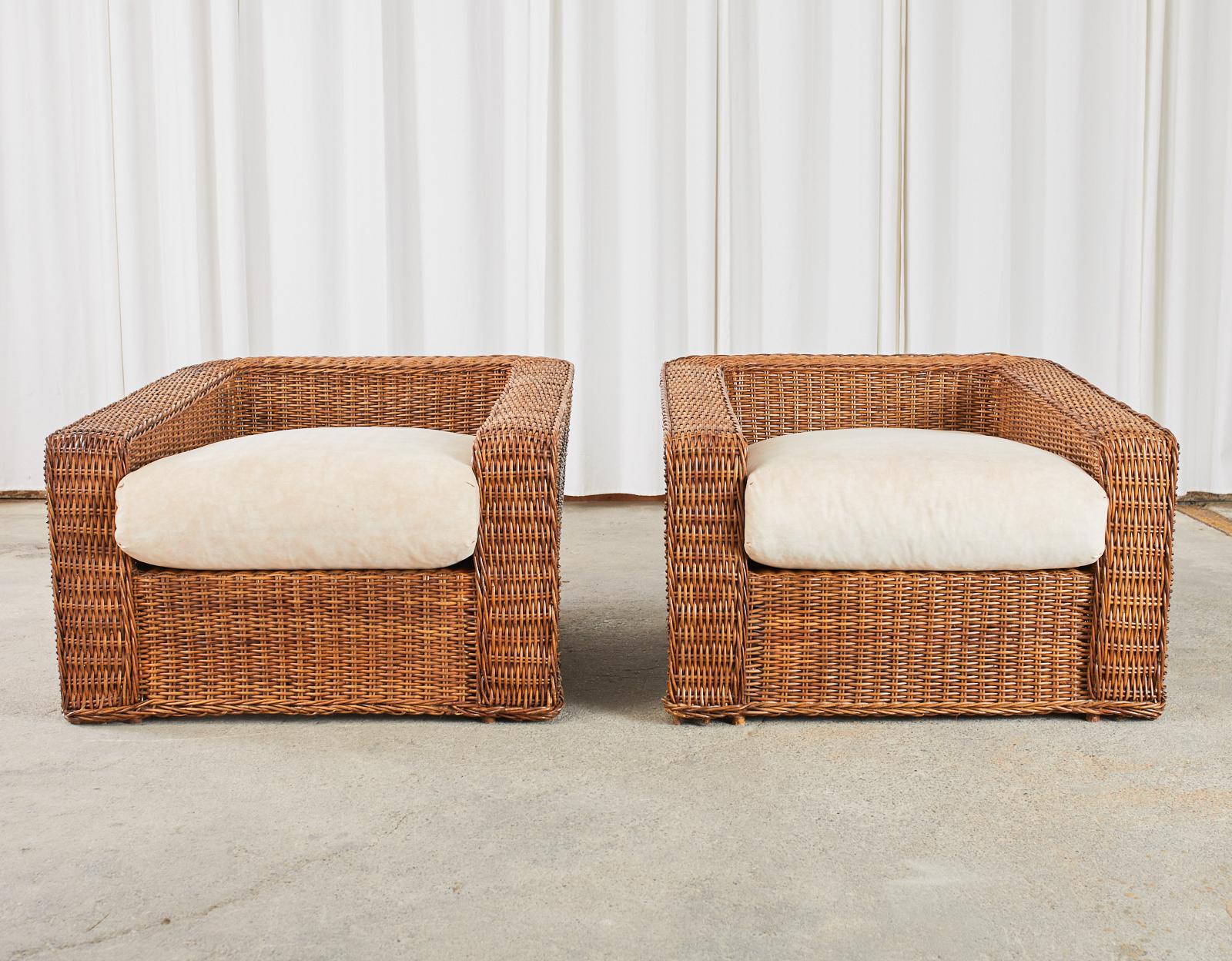 Pair of Michael Taylor Style Woven Rattan Wicker Lounge Chairs 9