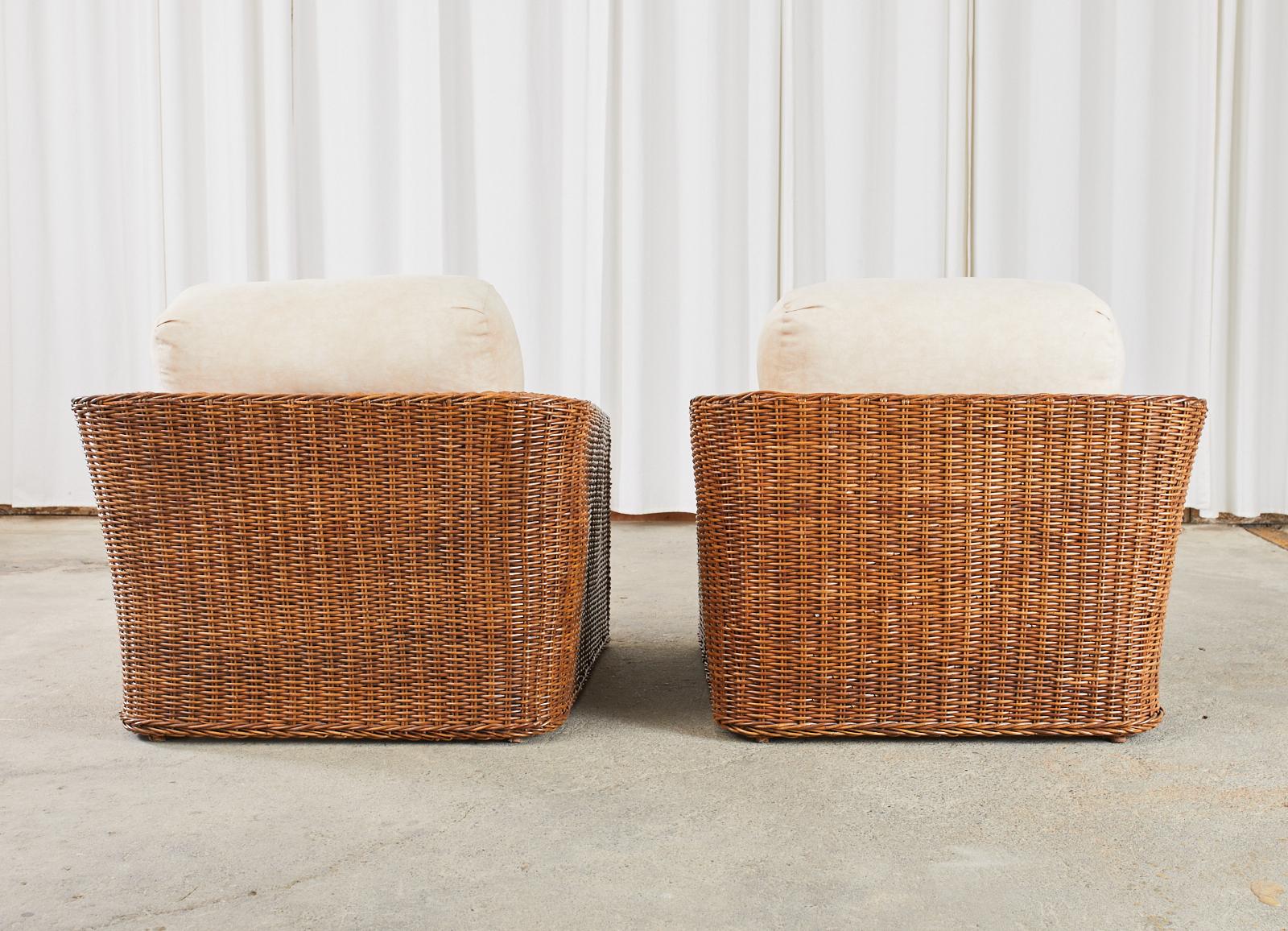 Pair of Michael Taylor Style Woven Rattan Wicker Lounge Chairs 10