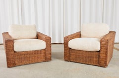 Pair of Michael Taylor Style Woven Rattan Wicker Lounge Chairs
