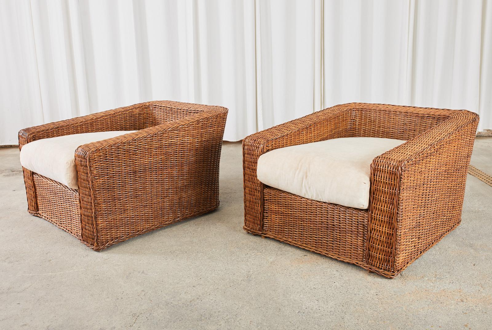 Hand-Crafted Pair of Michael Taylor Style Woven Rattan Wicker Lounge Chairs