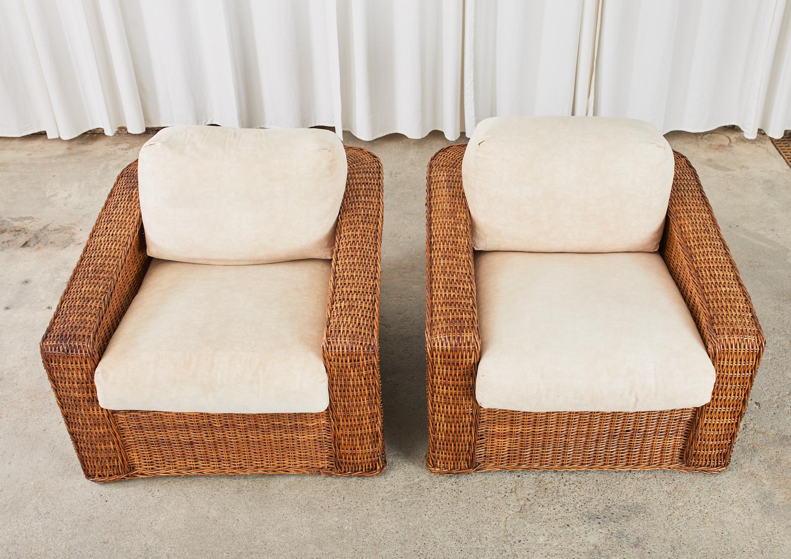 Hand-Crafted Pair of Michael Taylor Style Woven Rattan Wicker Lounge Chairs For Sale