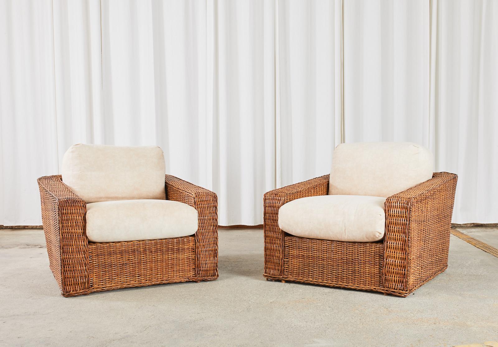 Pair of Michael Taylor Style Woven Rattan Wicker Lounge Chairs In Good Condition In Rio Vista, CA