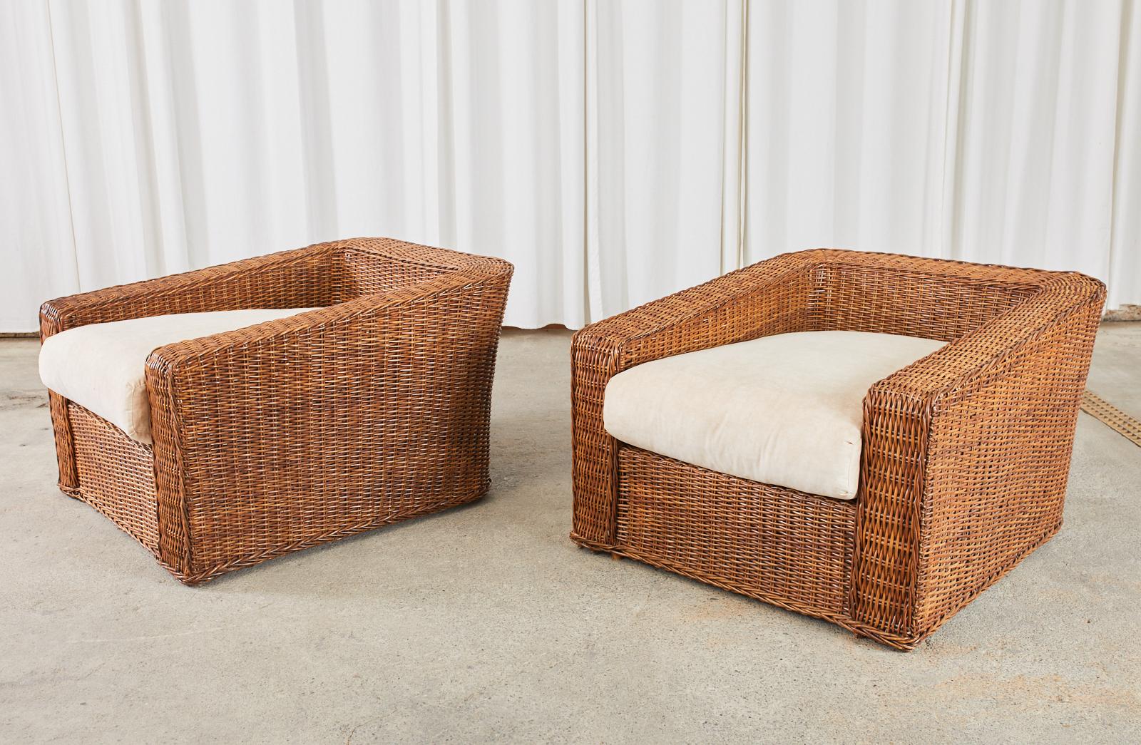 Fabric Pair of Michael Taylor Style Woven Rattan Wicker Lounge Chairs For Sale