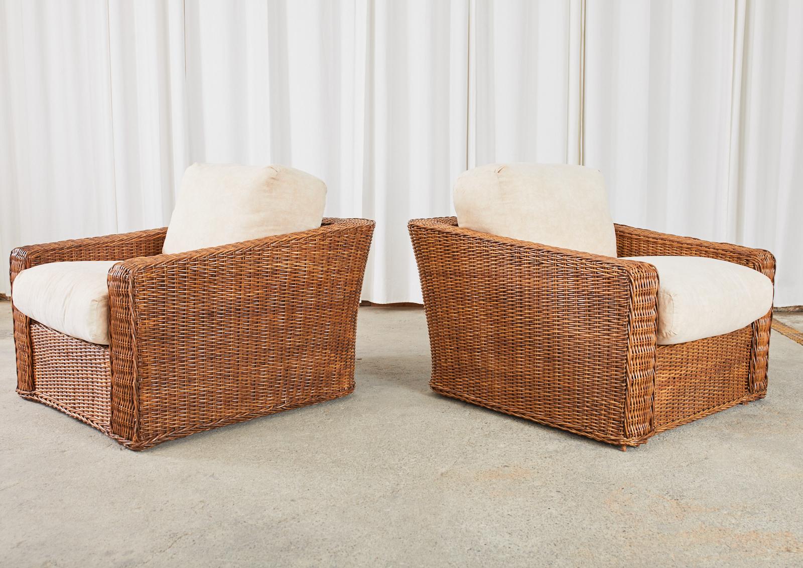 Pair of Michael Taylor Style Woven Rattan Wicker Lounge Chairs 1