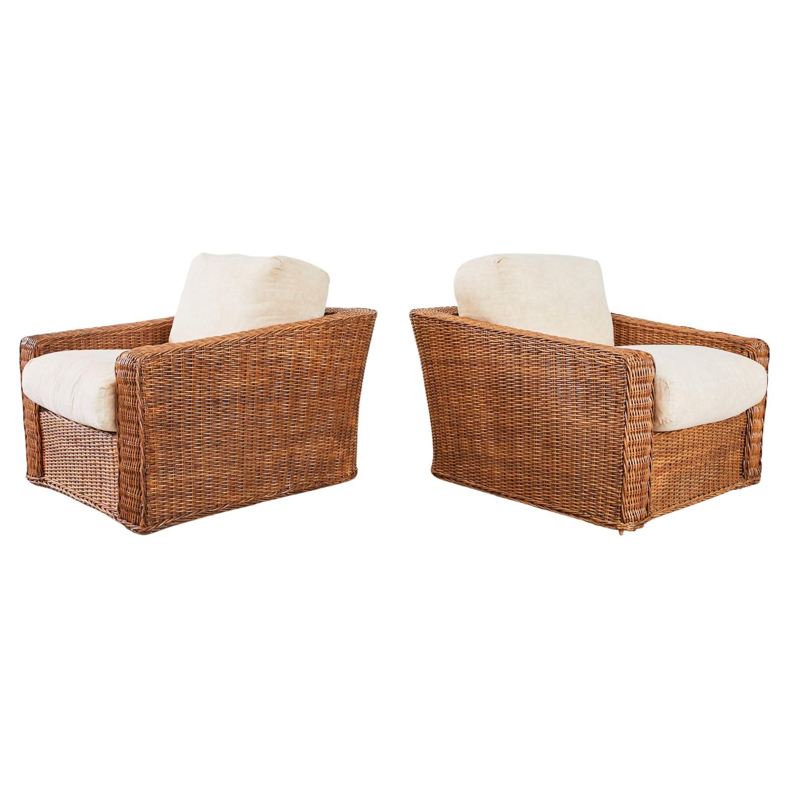 Pair of Michael Taylor Style Woven Rattan Wicker Lounge Chairs For Sale