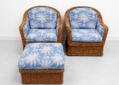Pair of Michael Taylor Wicker Lounge Chairs with Ottoman