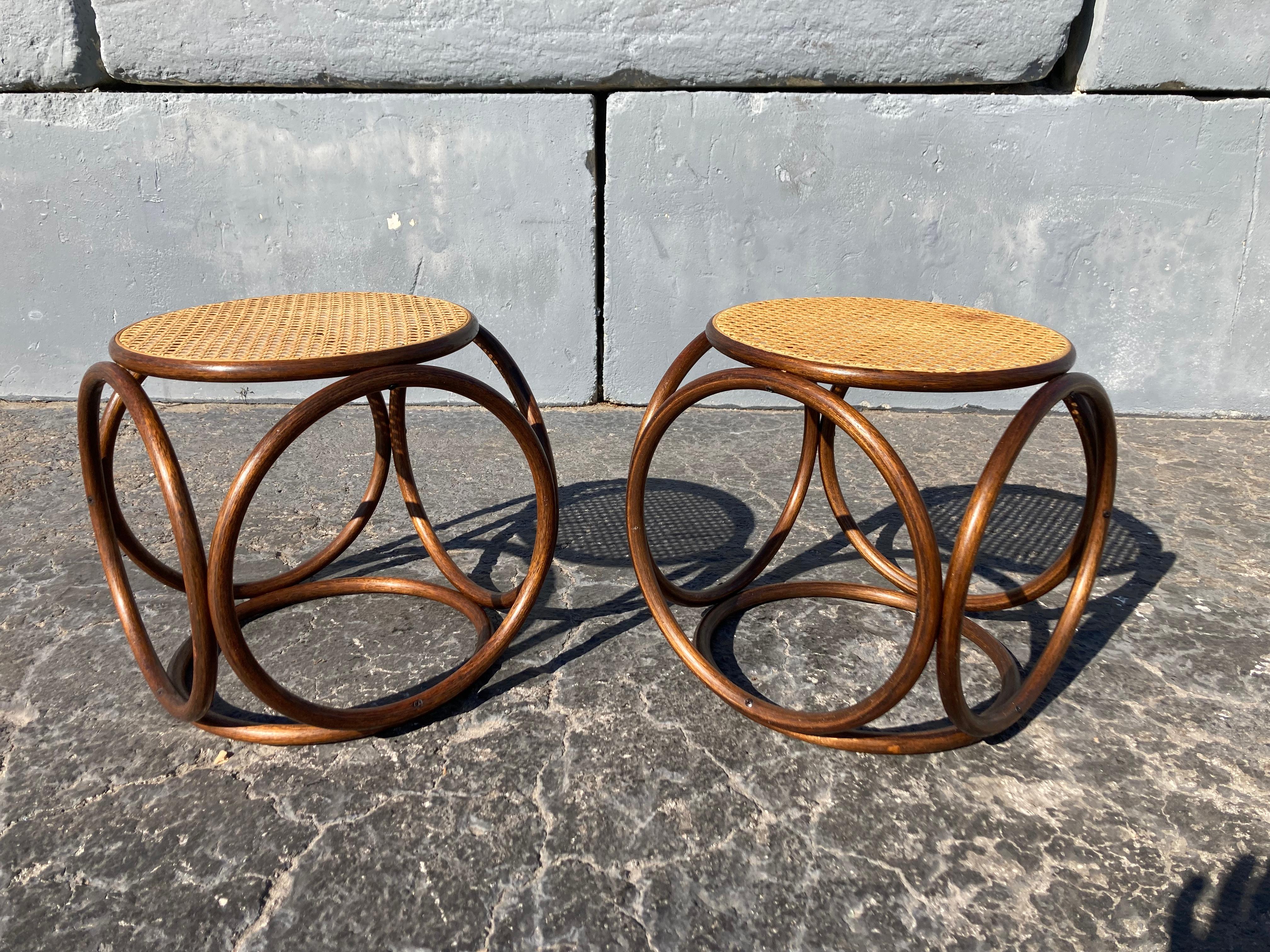 Pair of Stools Ottomans, Side Tables Cane and Bentwood Brown 4