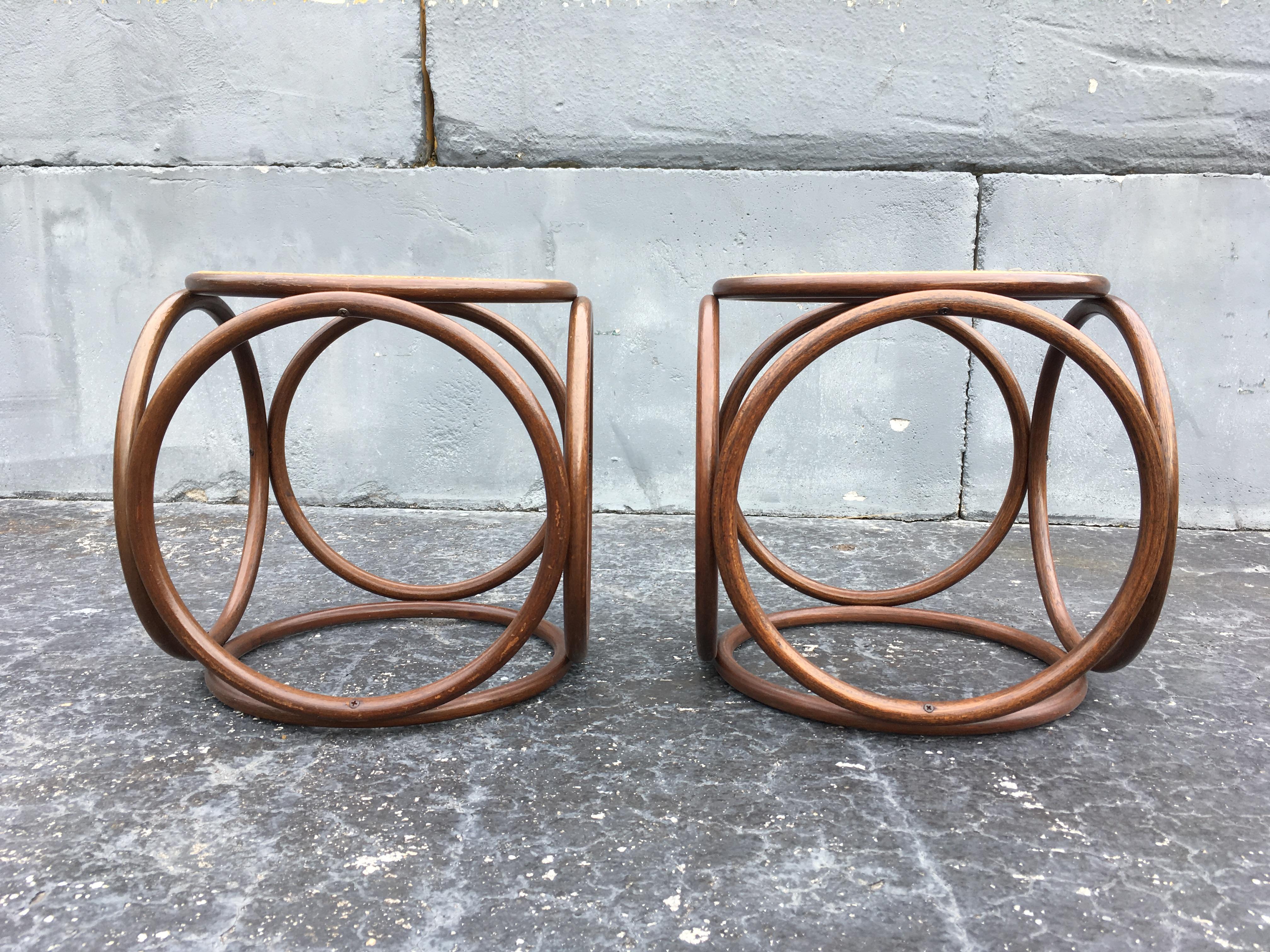 Pair of Michael Thonet Stools Ottomans, Side Tables Cane and Bentwood Brown 6