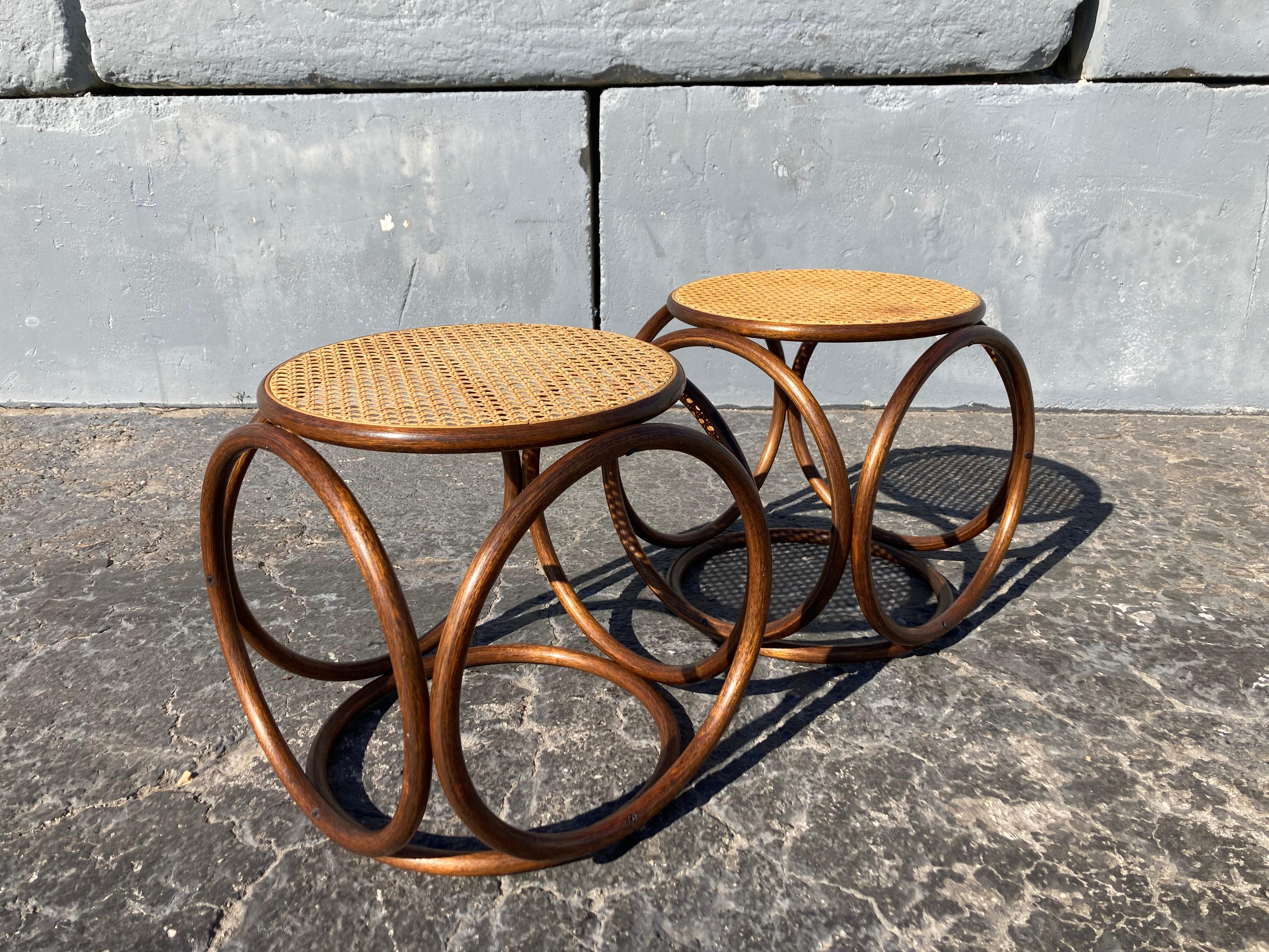 Pair of Stools Ottomans, Side Tables Cane and Bentwood Brown 9