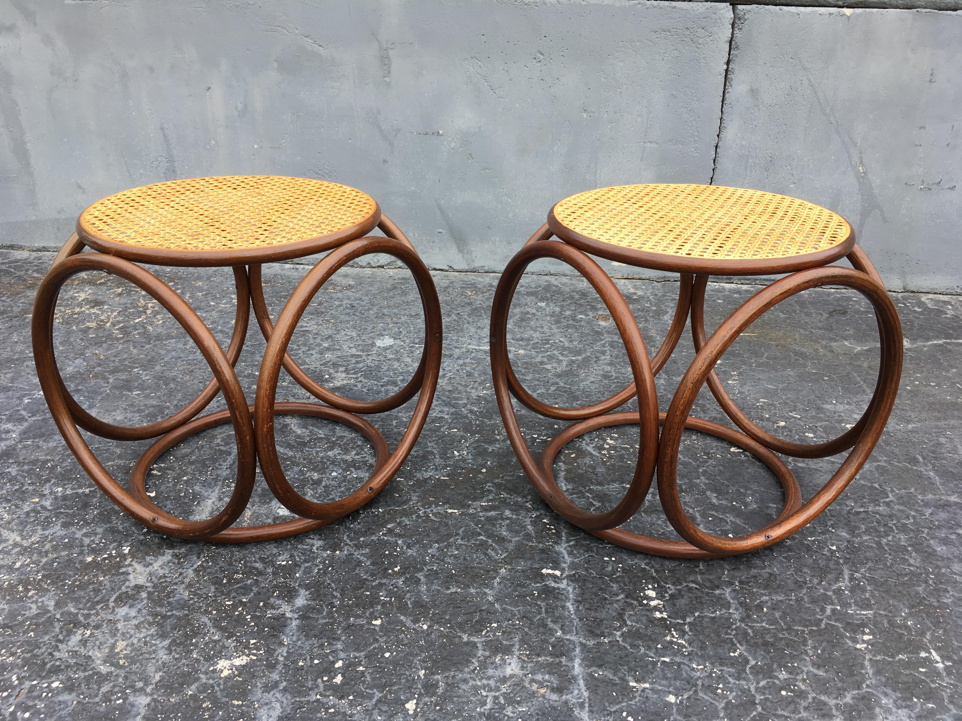 Modern Pair of Michael Thonet Stools Ottomans, Side Tables Cane and Bentwood Brown