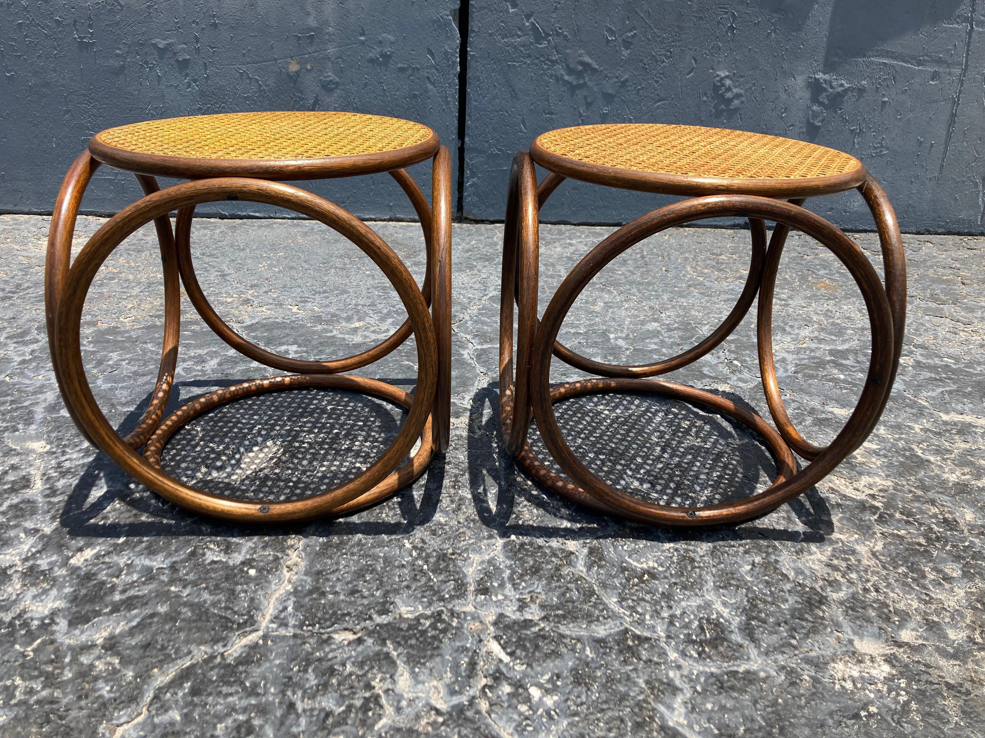 Modern Pair of Michael Thonet Stools Ottomans, Side Tables Cane and Bentwood Brown